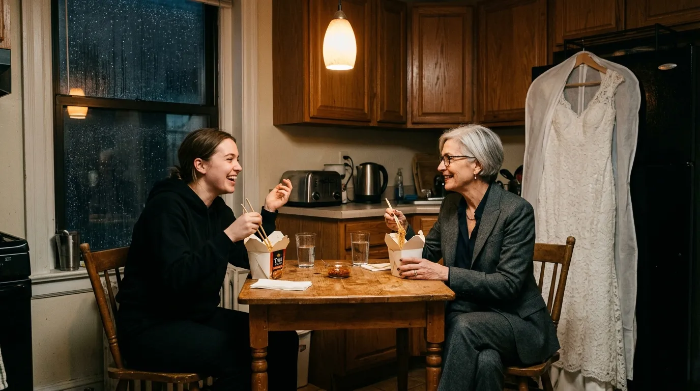 Two women eating Thai takeout in a small apartment, with a wedding dress hanging in the background.