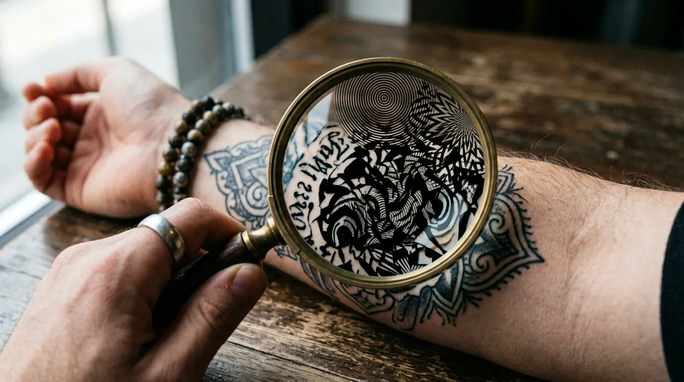 Magnifying glass hovering over scrambled, chaotic tattoo ink on a forearm