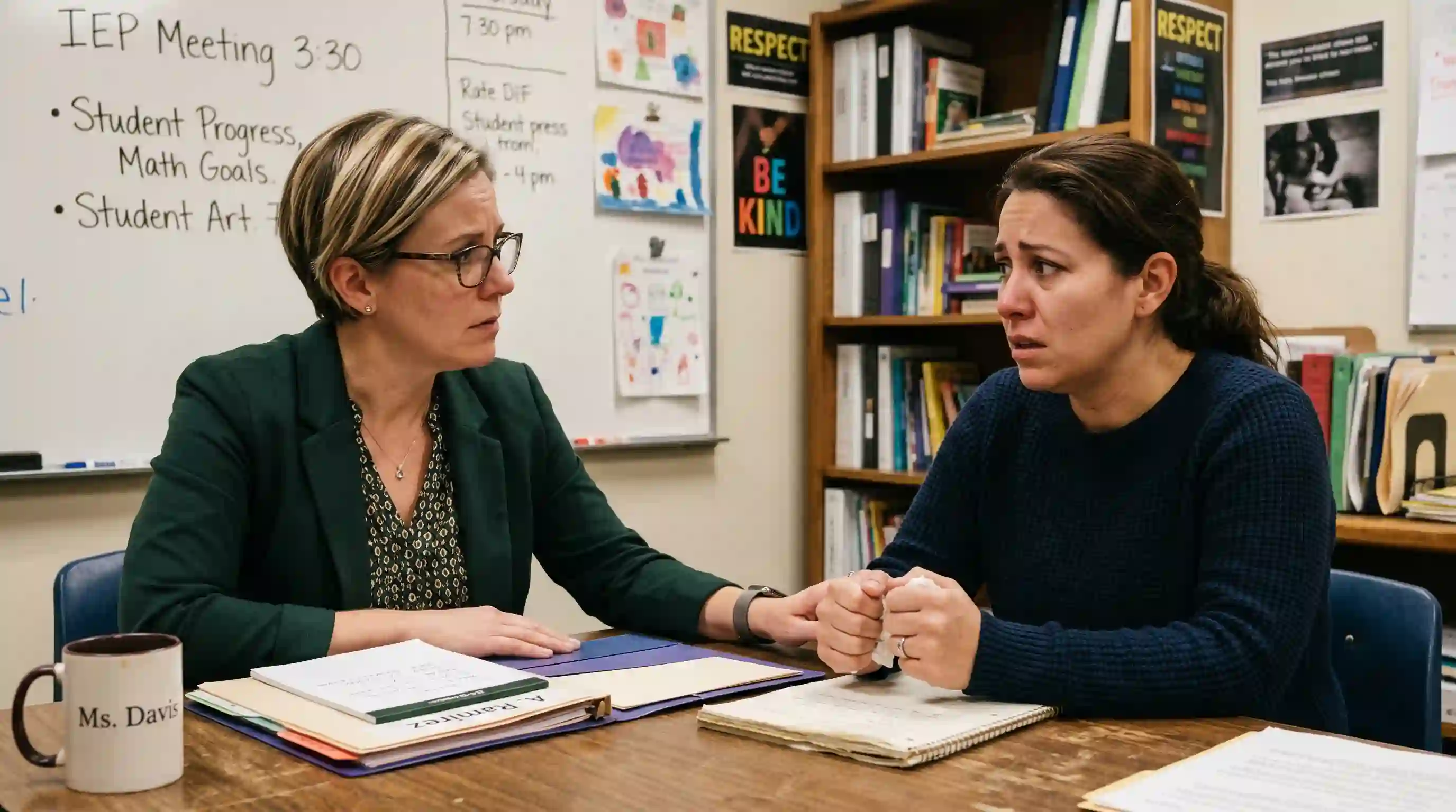 A serious teacher talking to an anxious mother in a school conference room