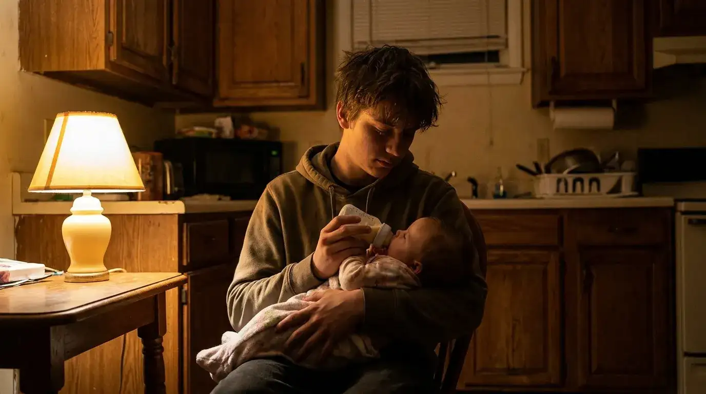 Exhausted teenage father feeding his baby girl in a dimly lit kitchen