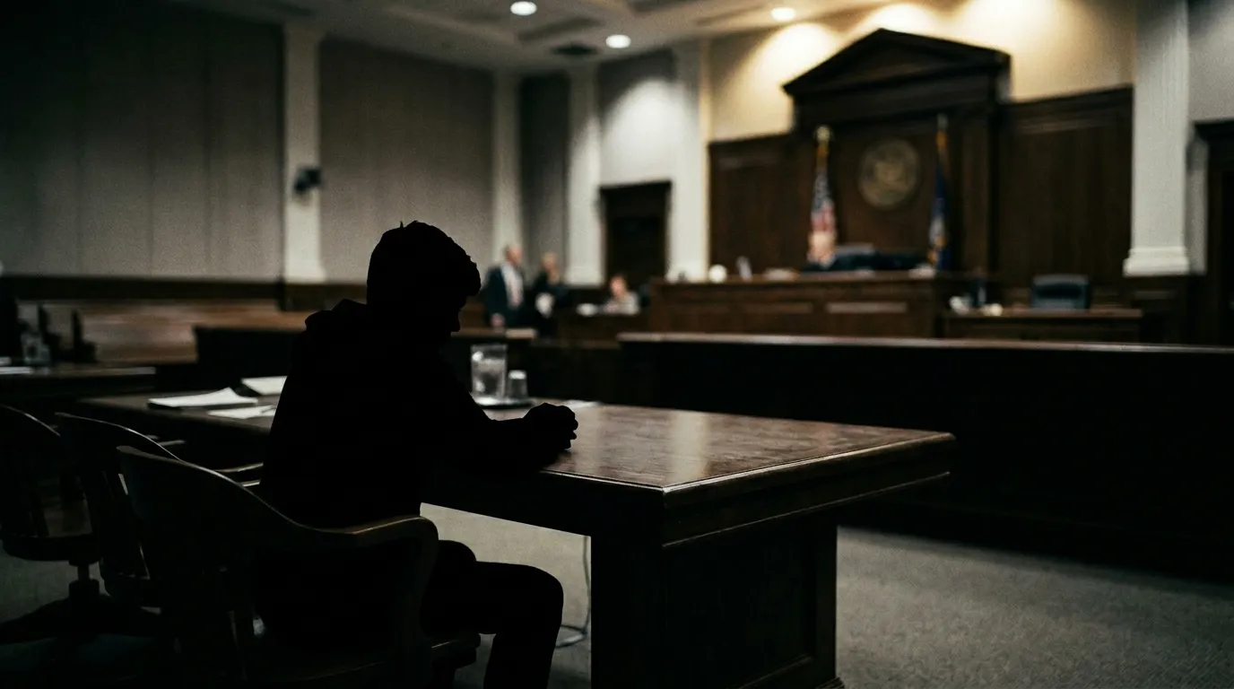 Silhouette of a teenager sitting at a defense table looking toward a blurred judge's bench.