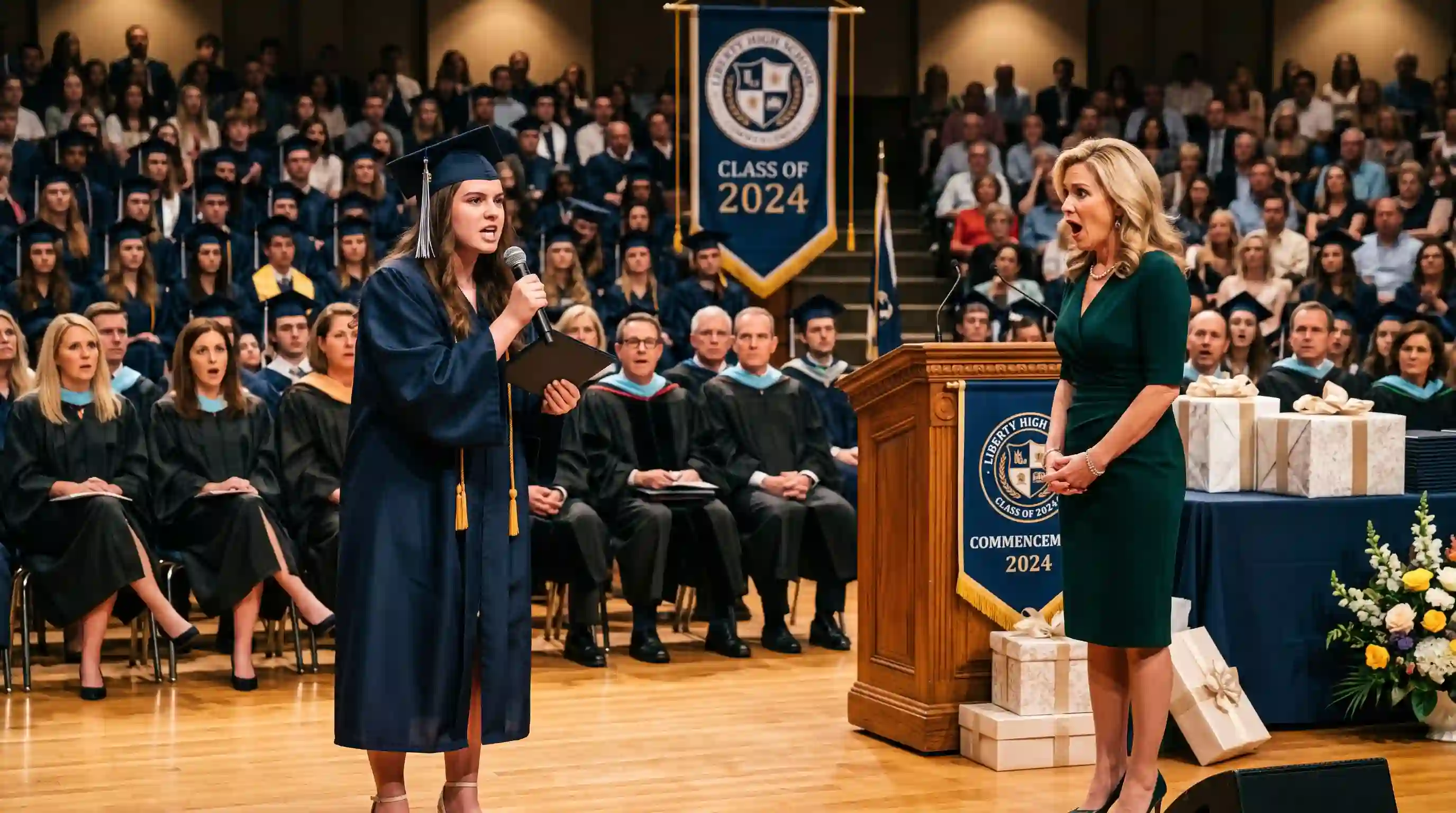 A confident teenage girl in a graduation gown speaking firmly into a microphone on stage, while a wealthy woman looks shocked beside her