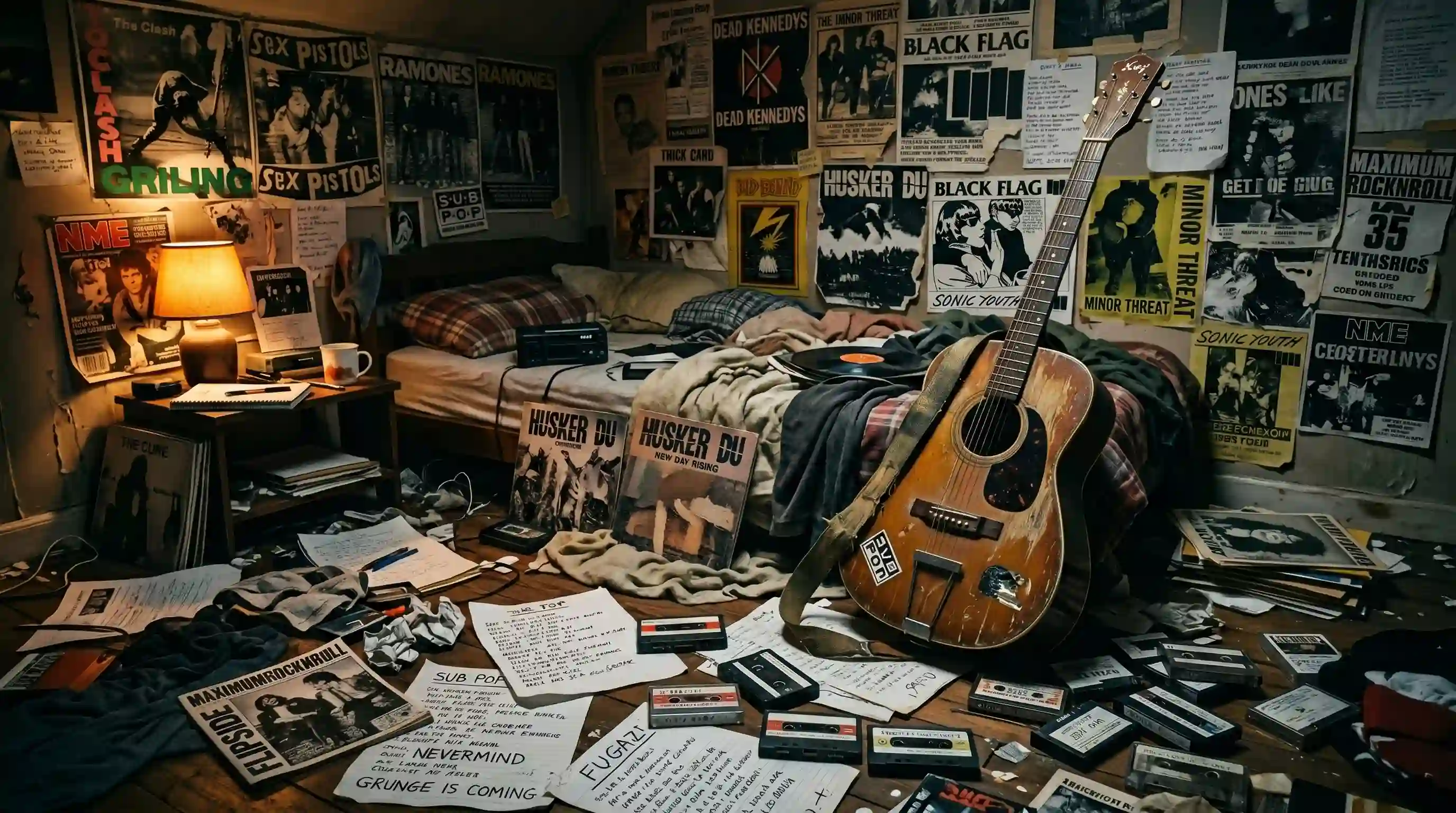 A messy teenager's bedroom with an acoustic guitar and lyric sheets scattered on the floor