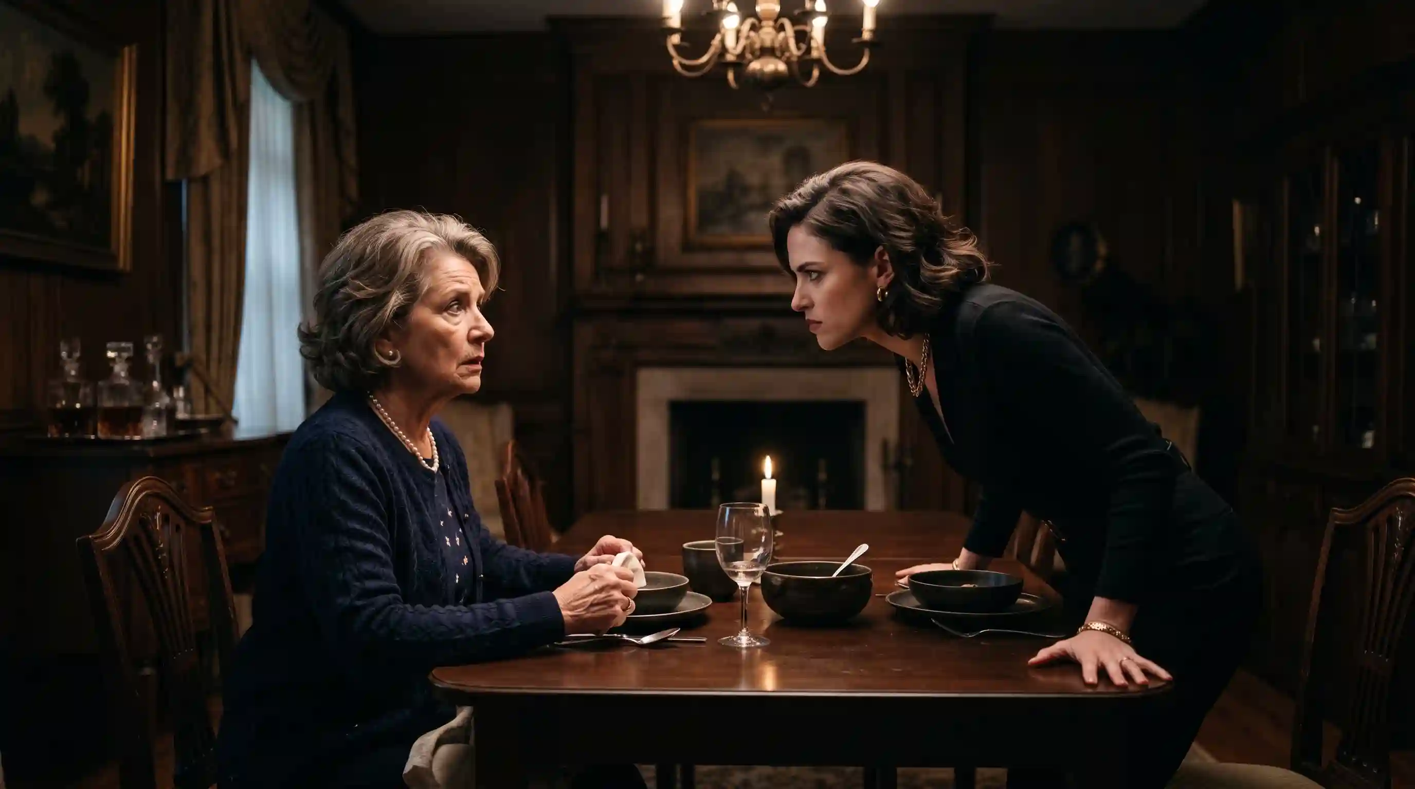 A tense conversation across a table between an older woman and a cold, entitled younger woman.