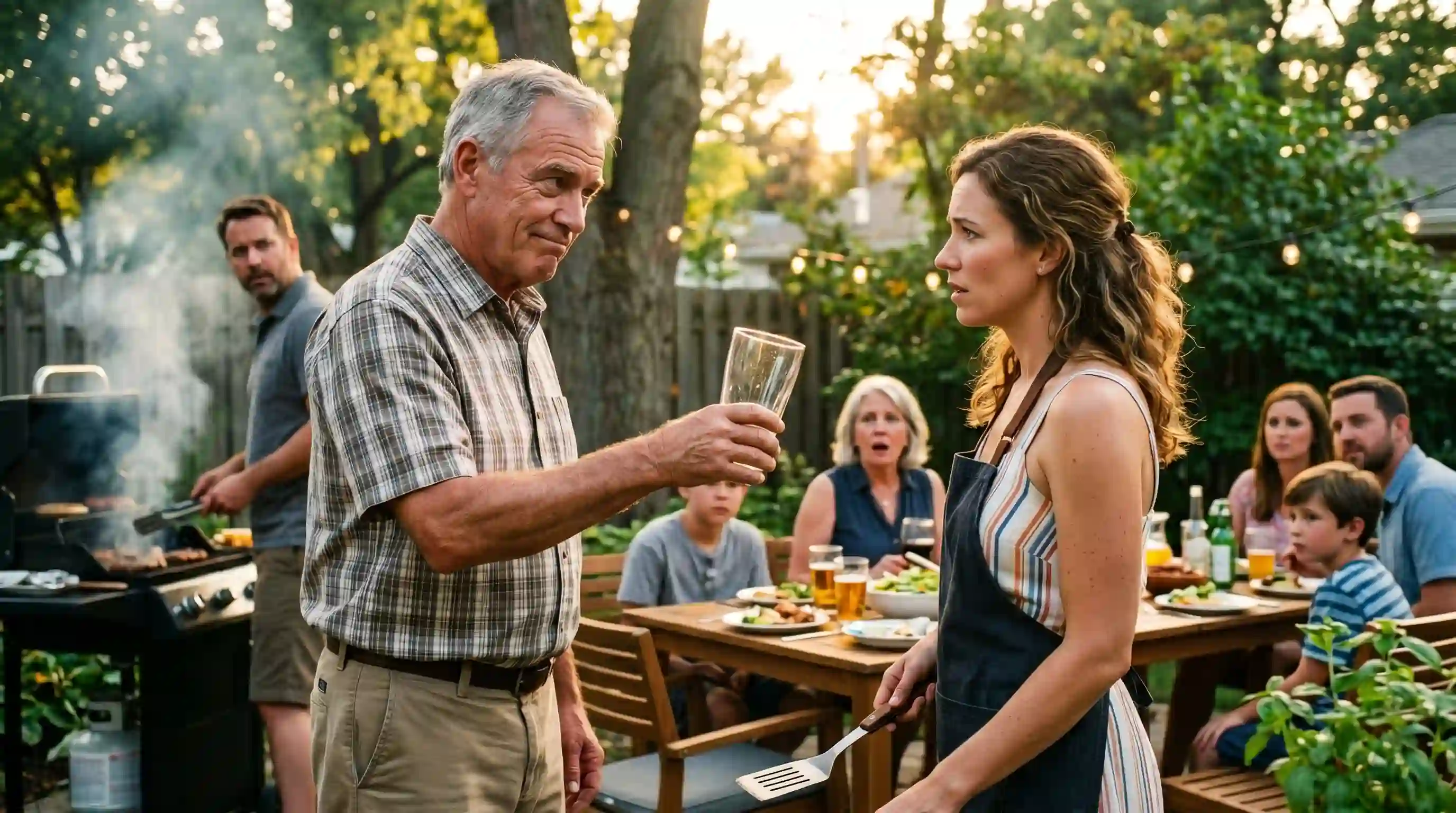 An older man handing an empty glass to his daughter-in-law at a tense family barbecue.