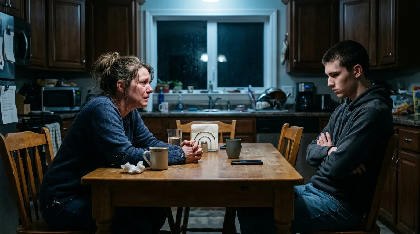 A tense conversation between a mother and her stepson at the dining table