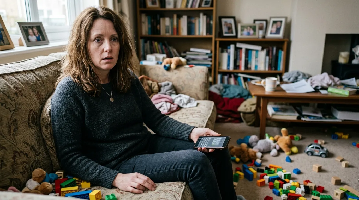 A daughter sitting in shock holding a phone in a messy living room