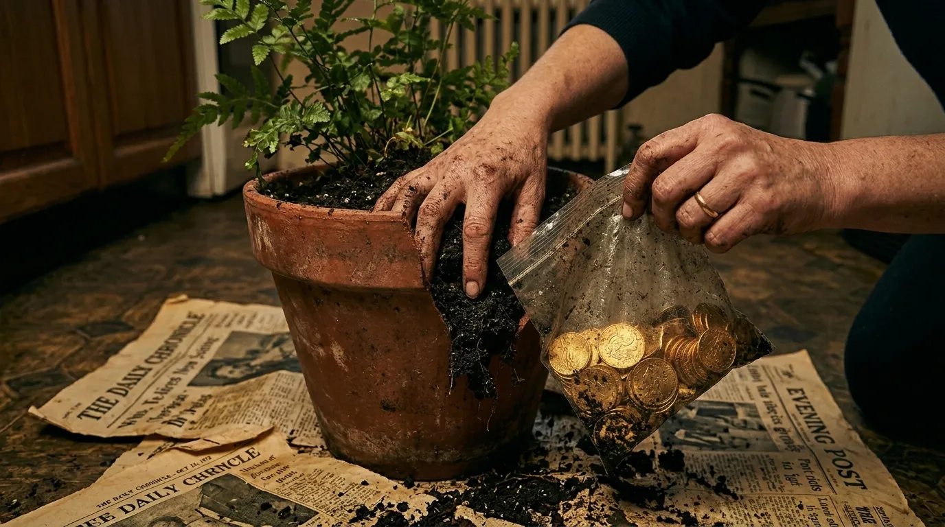 Close up of hands digging into plant soil to reveal a plastic bag of gold coins