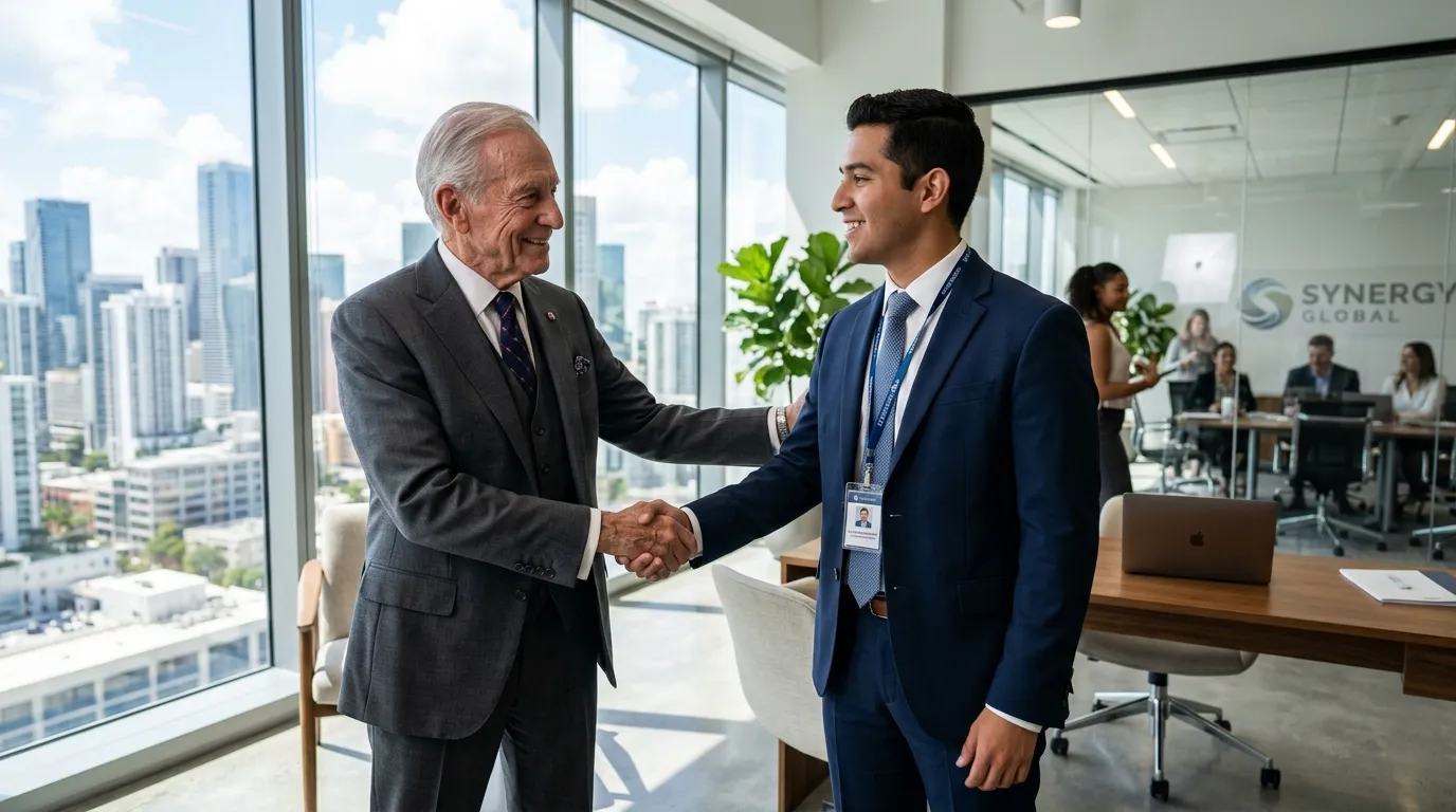 Mr. Hutchins in a suit shaking hands with Lewis in a modern office