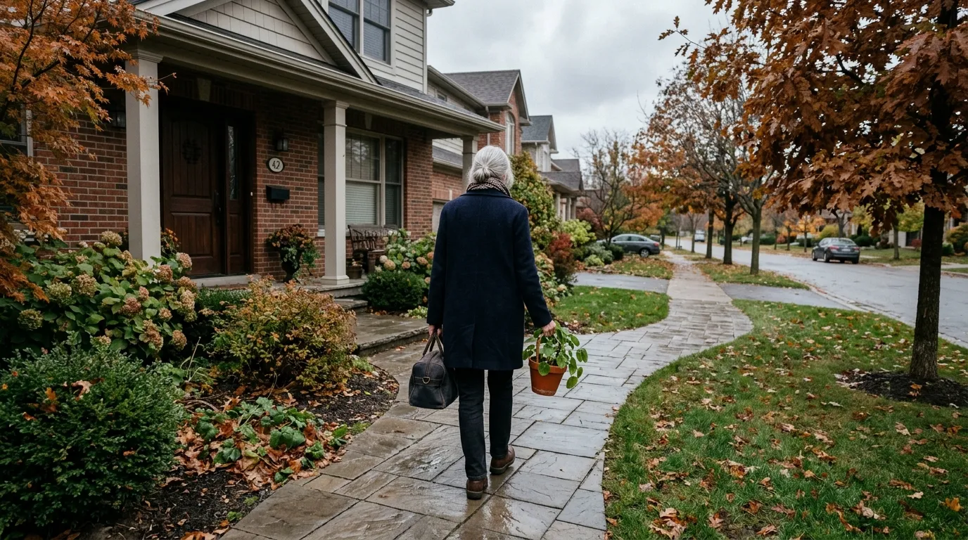 An older woman walking away from her home carrying a small bag and a potted plant