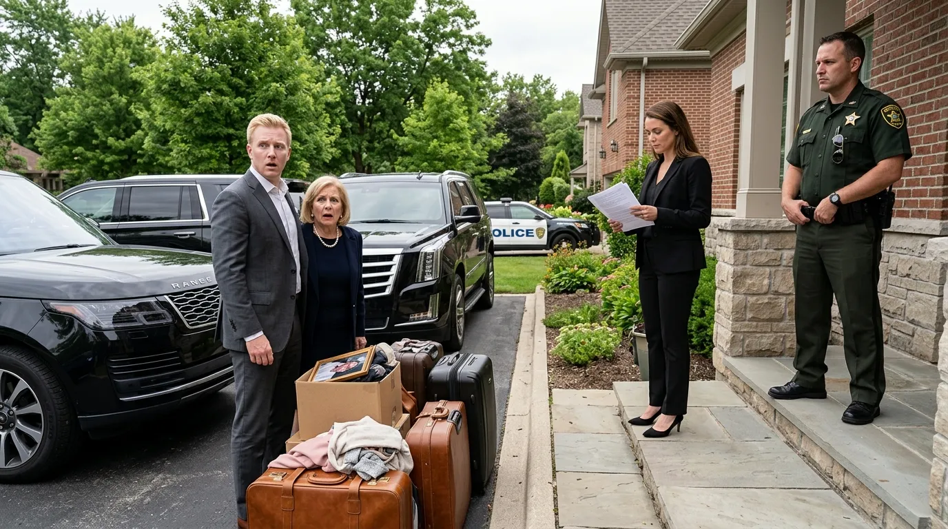 Grant and Patricia looking shocked at their packed belongings while Allison and a deputy stand on the porch.