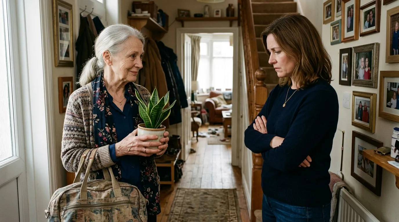 A frail mother holding a plant and bag while her daughter stands defensively with crossed arms