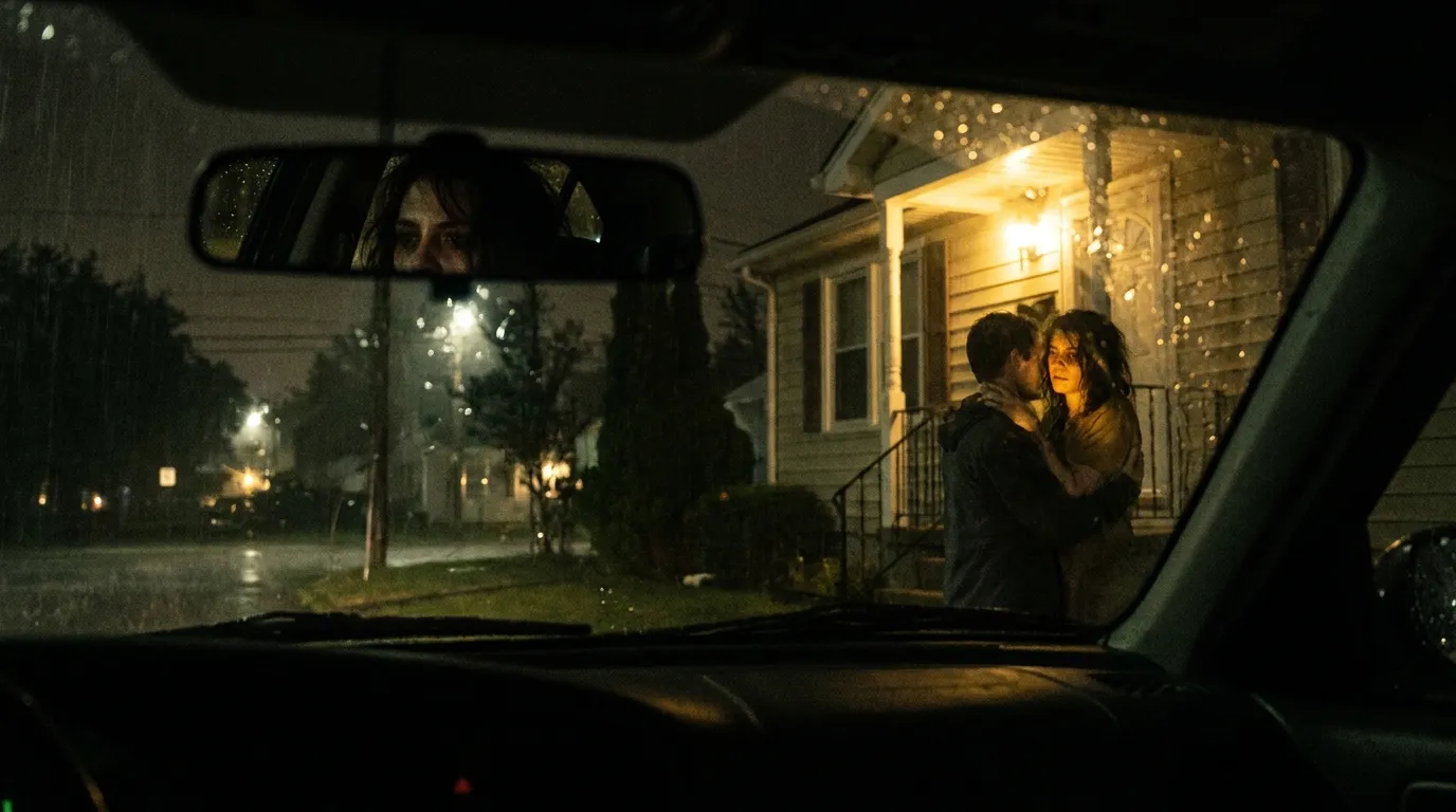 Man kissing a woman in a doorway viewed from a dark car