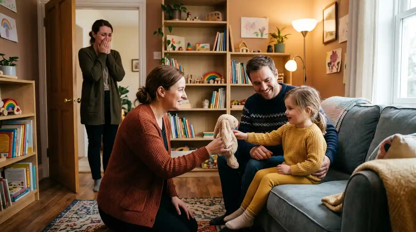Mother crying tears of relief looking into a therapy room with her husband, daughter, and therapist