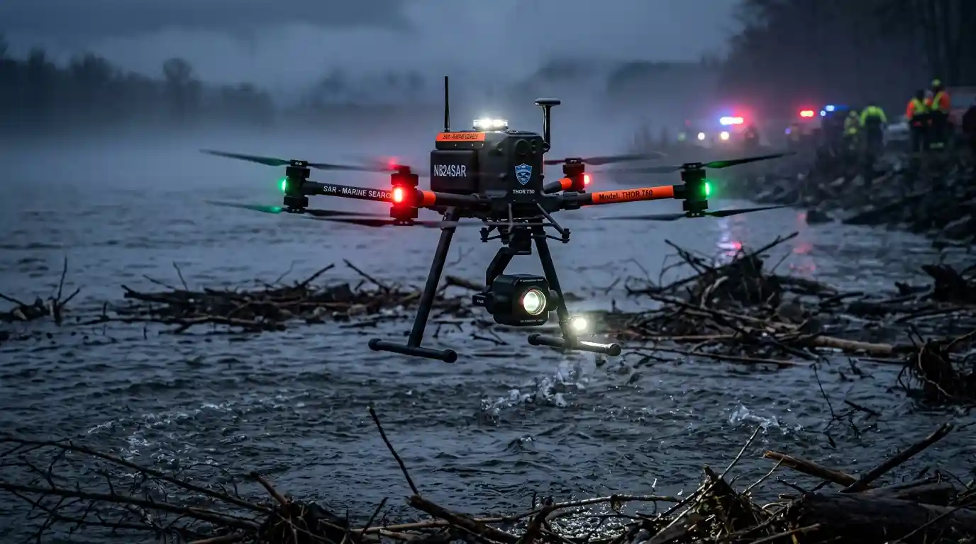 A specialized rescue drone hovering over a wide, turbulent river searching for missing persons.