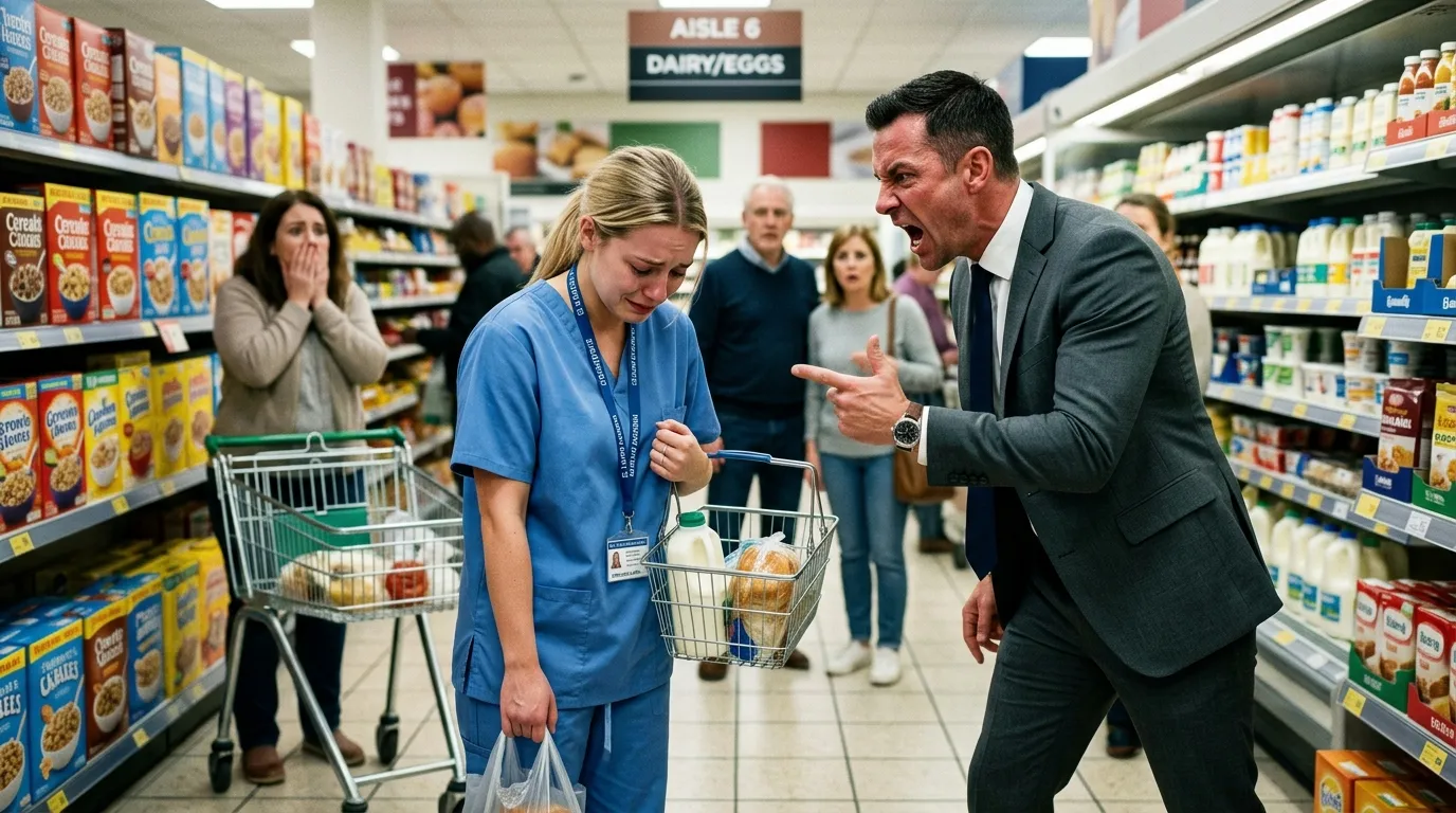 A young, exhausted nurse holding baby items crying in a store