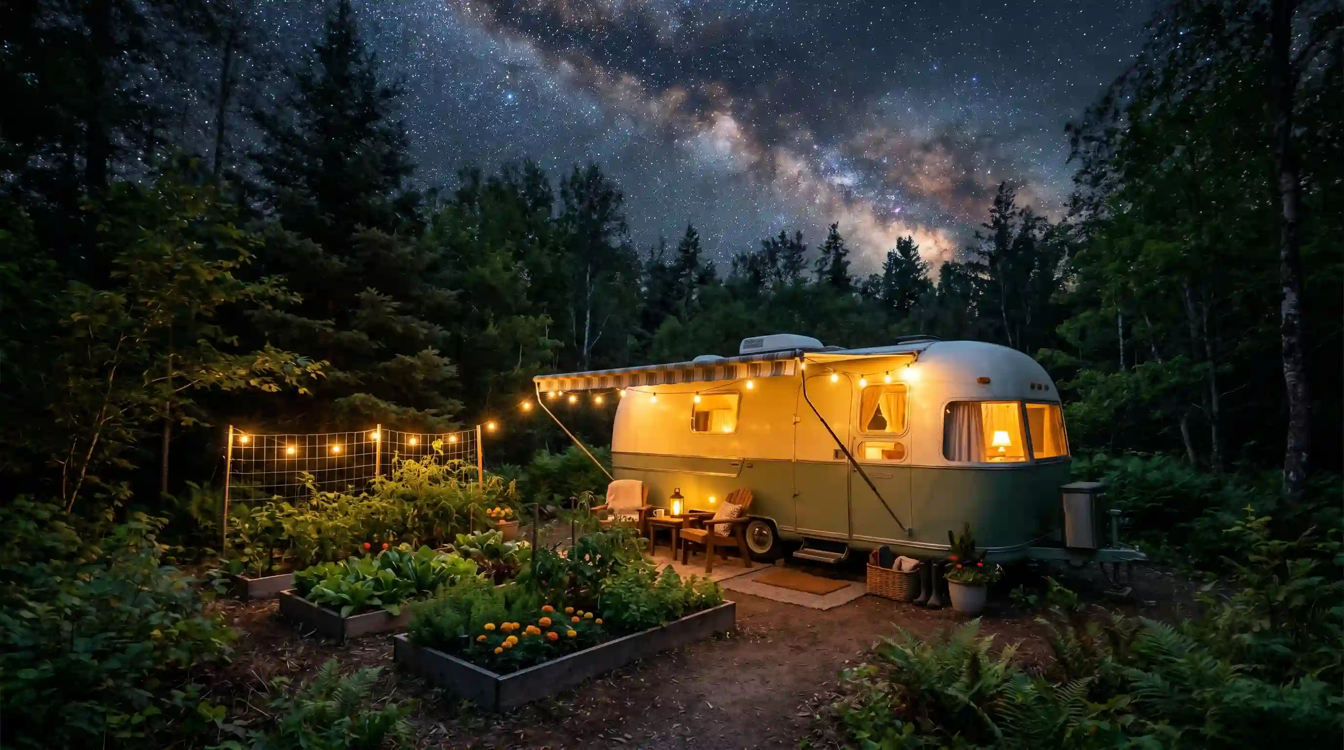 The renovated trailer glowing warmly from the inside, parked in a lush forest at night under the stars.