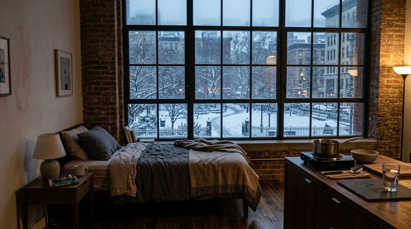 A view of a snowy park from a cozy room