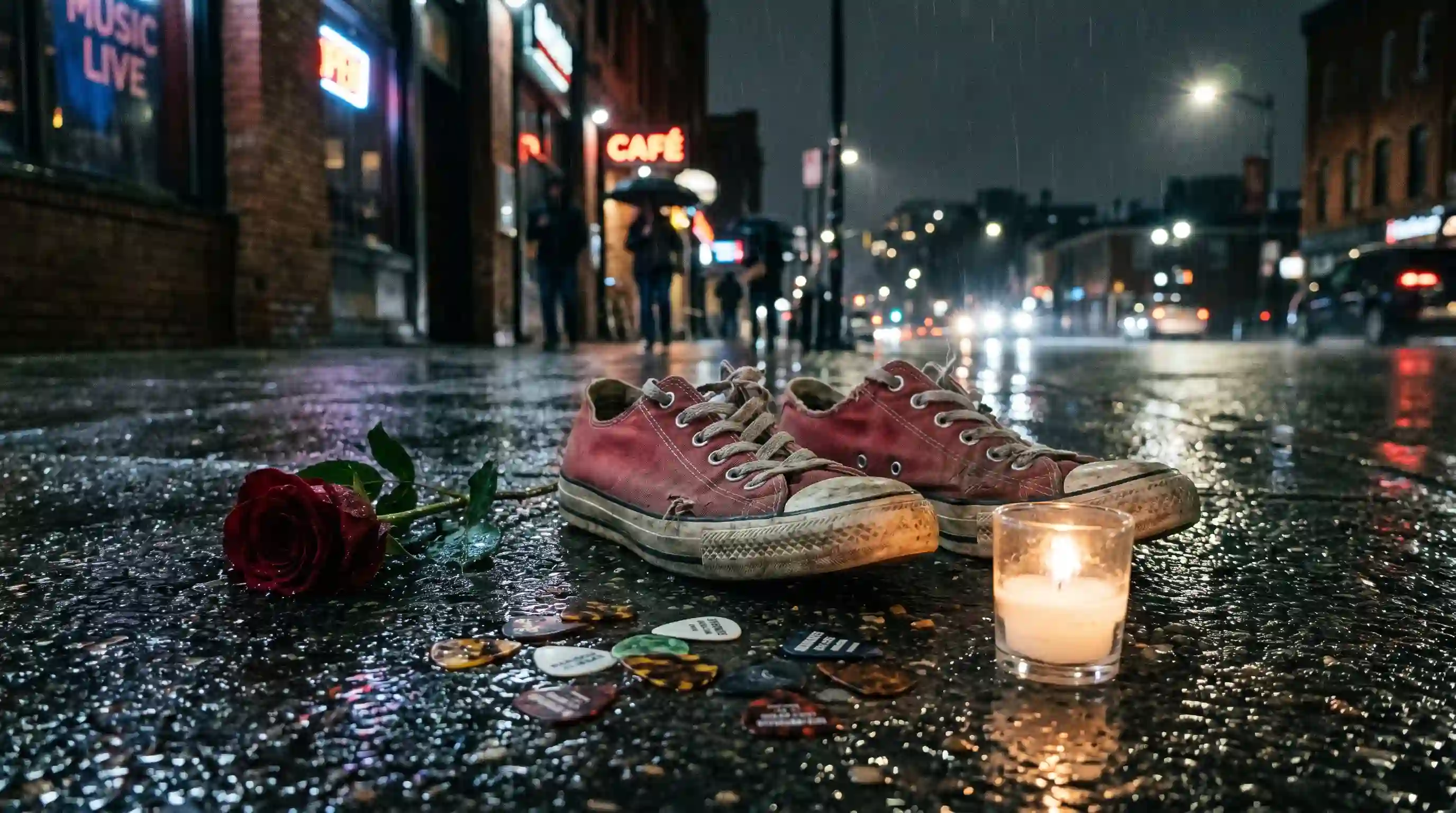 Vintage canvas sneakers, a red rose, and guitar picks on wet pavement