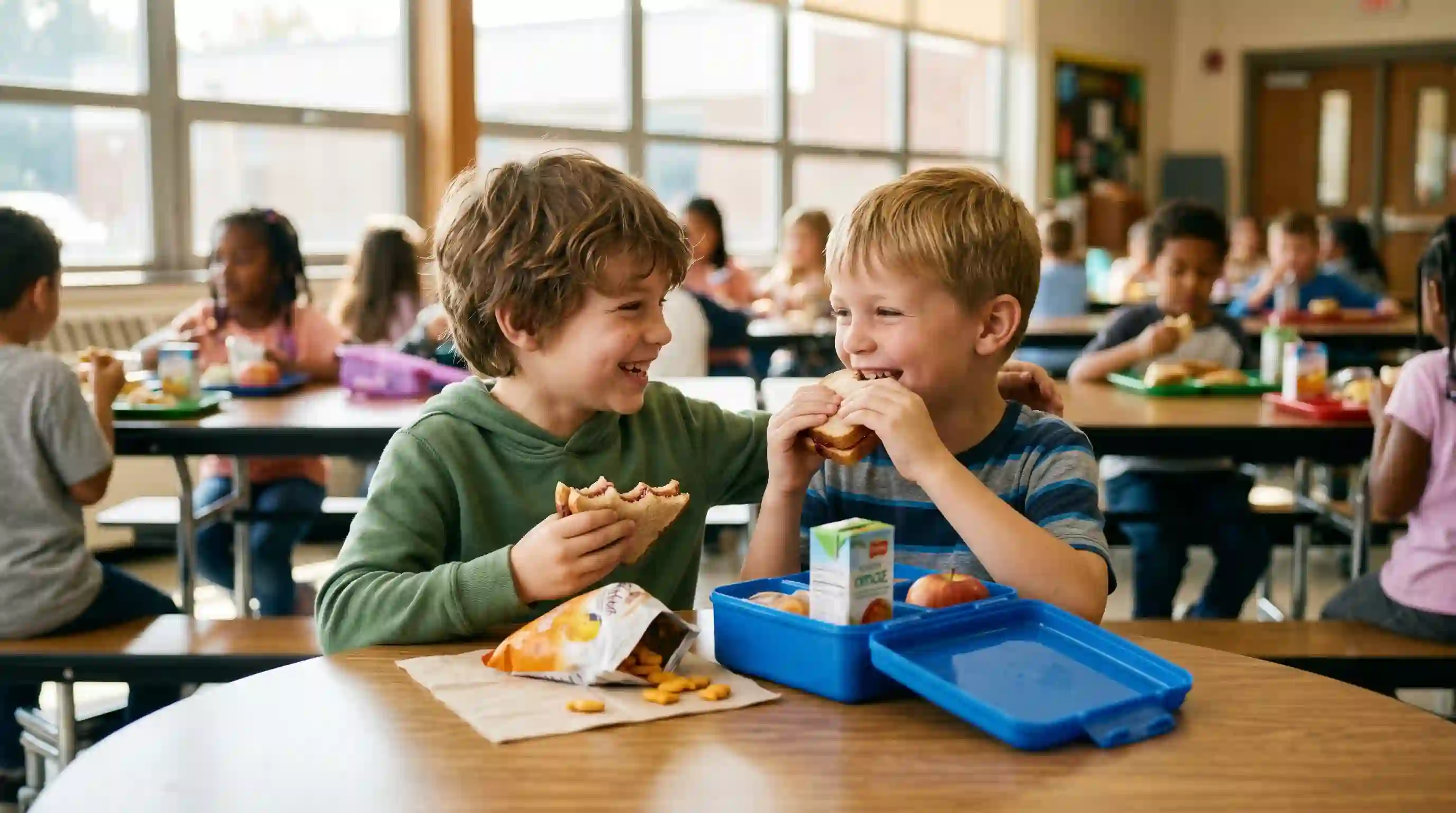 Two young boys sharing a sandwich from a blue lunchbox in a school setting