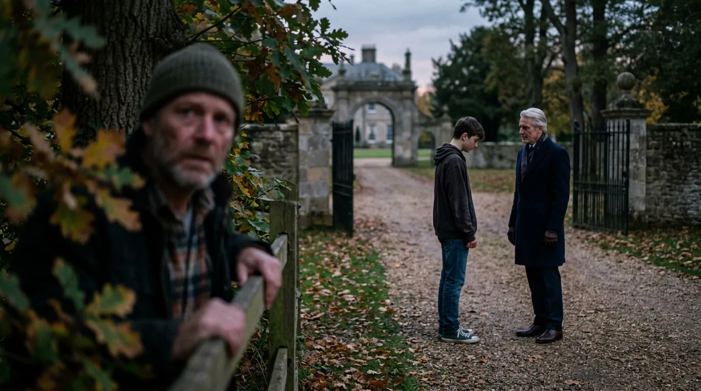 A father watching from a distance as his teenage son meets a wealthy man