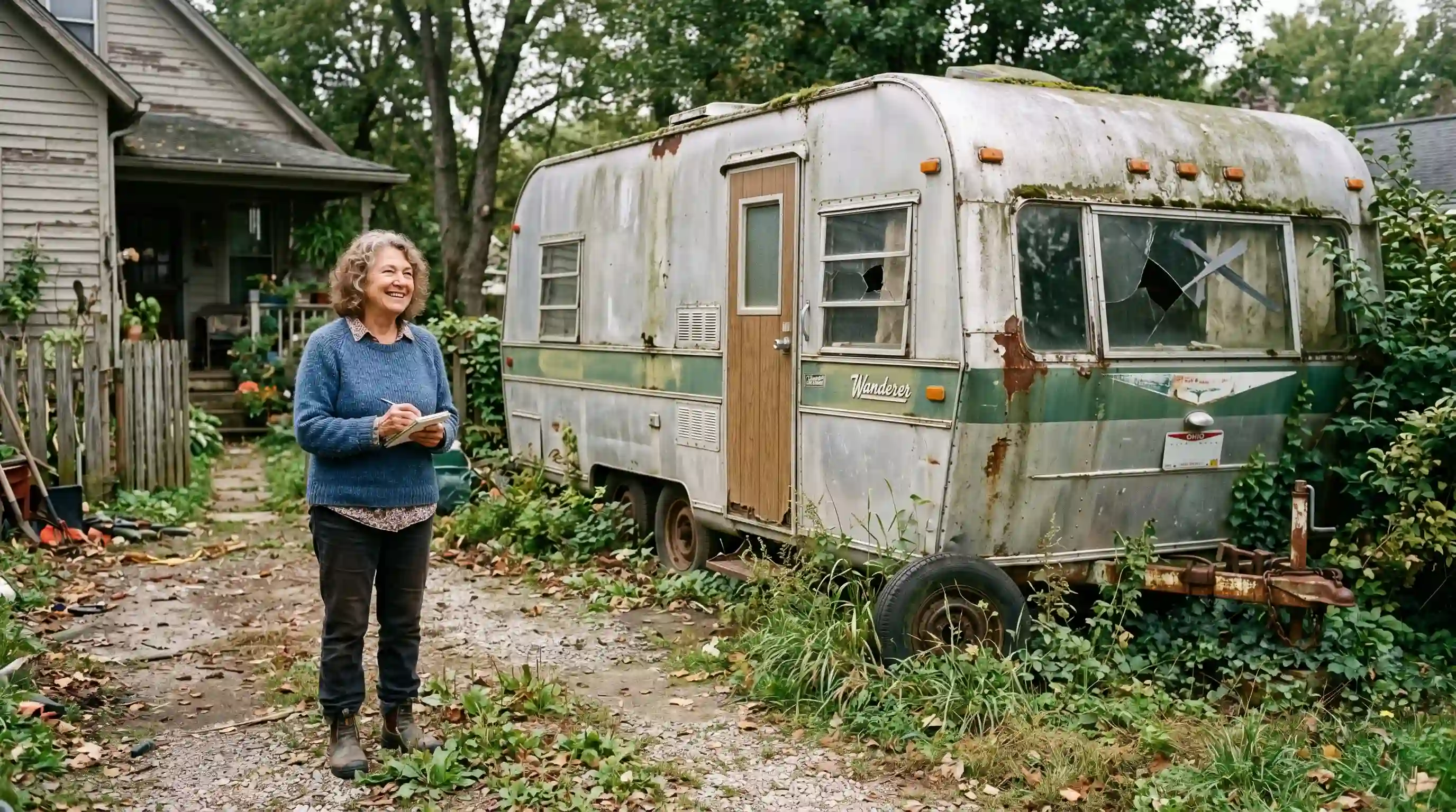 An old, rusty, and neglected travel trailer parked outside.