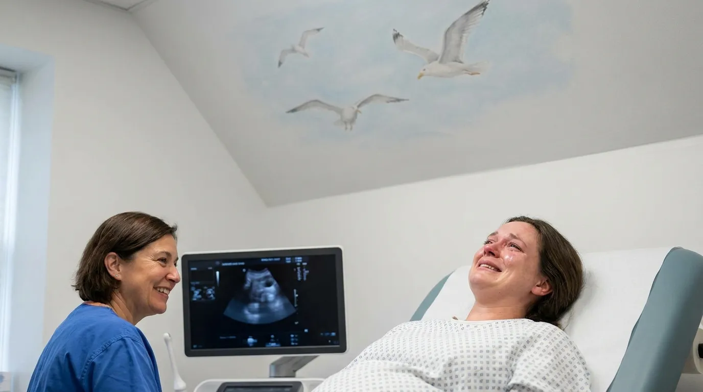 A woman crying tears of joy on a medical exam table during an ultrasound.