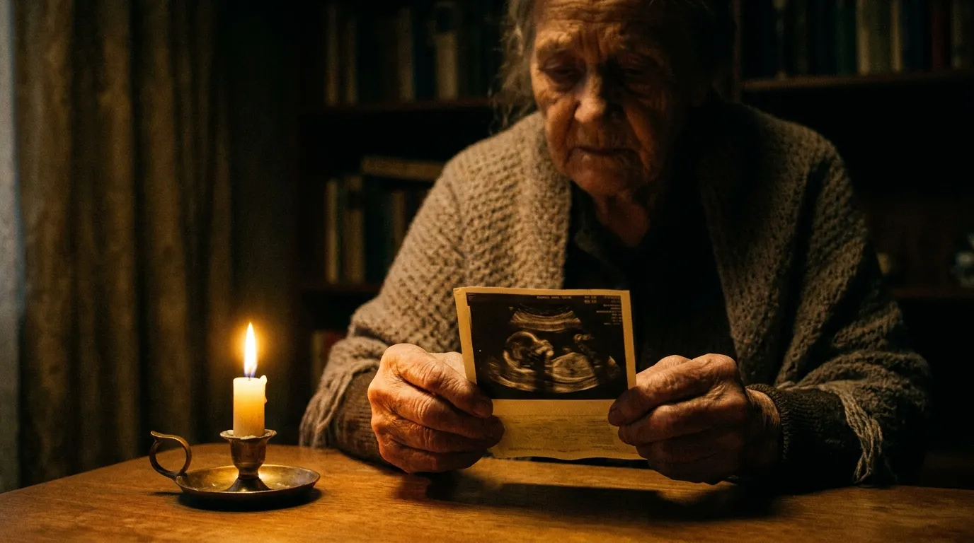 An older woman holding a yellowed ultrasound photo by candlelight