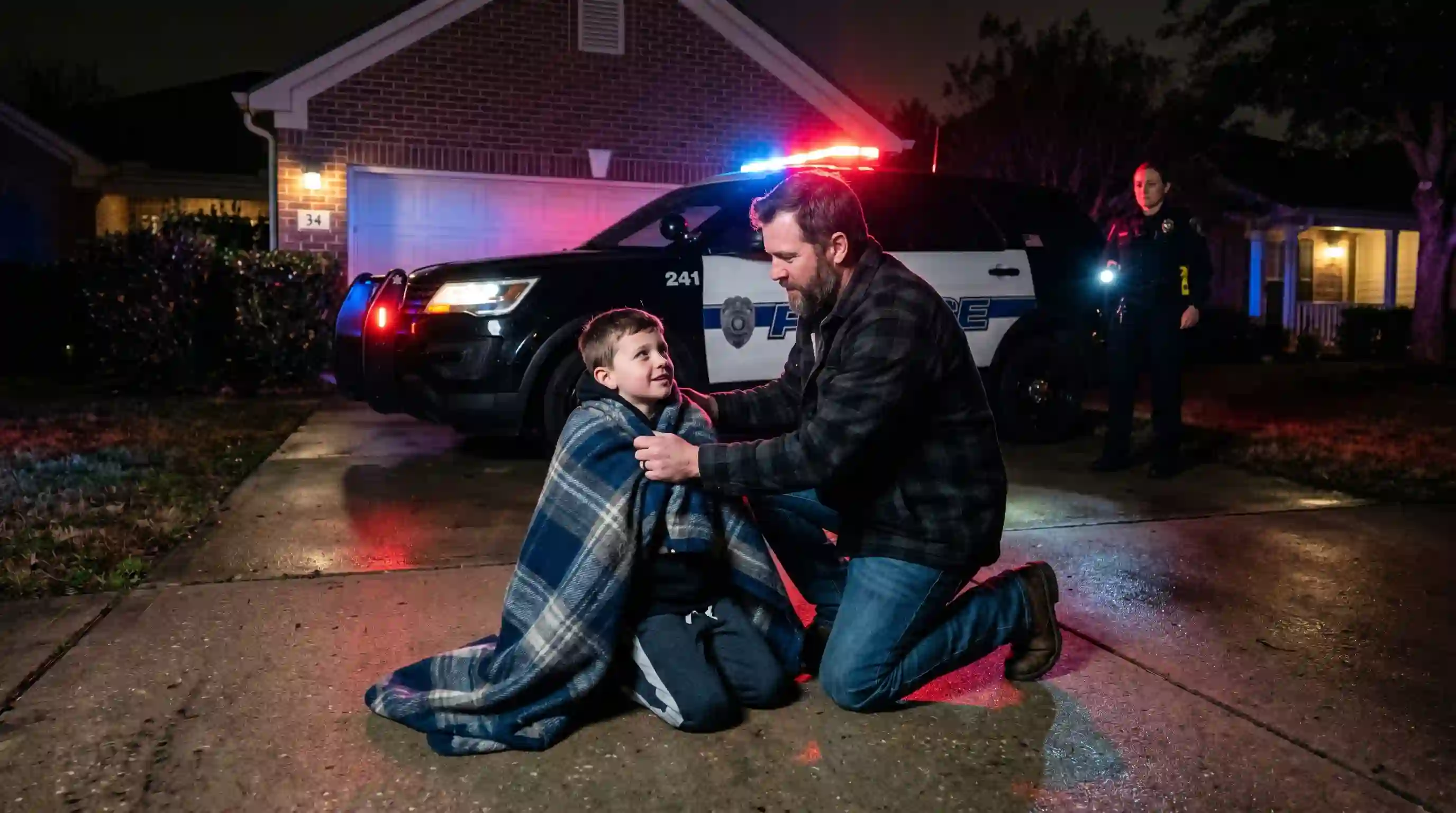 A rugged man kneeling in a driveway, wrapping his coat around a terrified, injured little boy illuminated by police lights