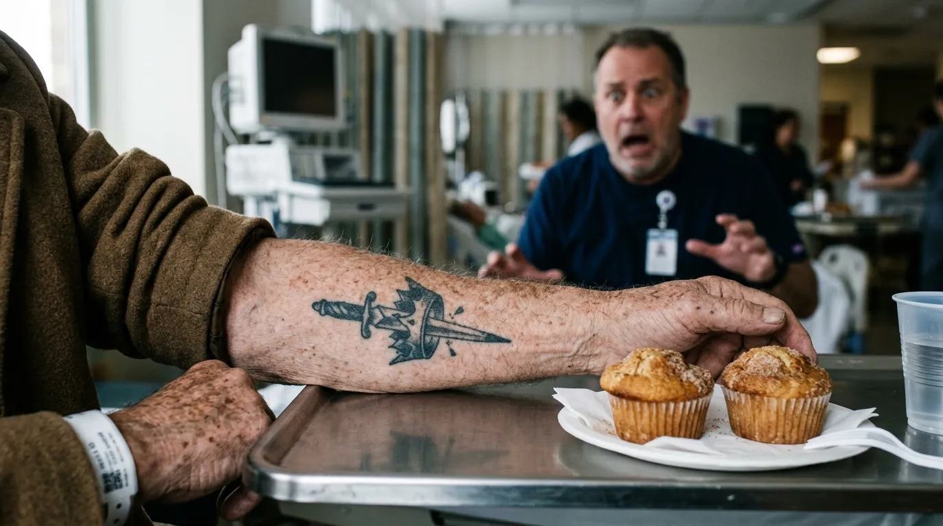 Close-up of an older man's forearm revealing a faded tattoo of a dagger piercing a broken crown.