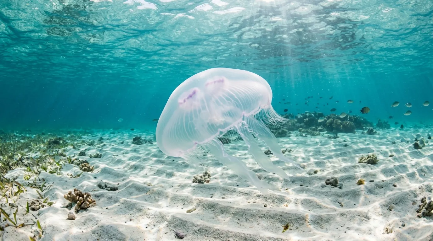 A translucent jellyfish gracefully floating in shallow, crystal-clear ocean water