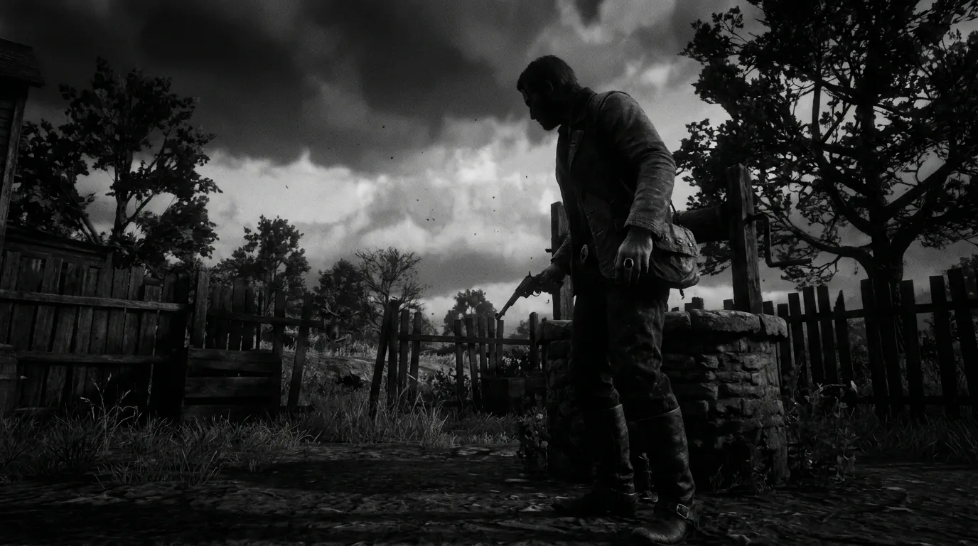A shadowy figure of a man holding a gun in a moonlit backyard