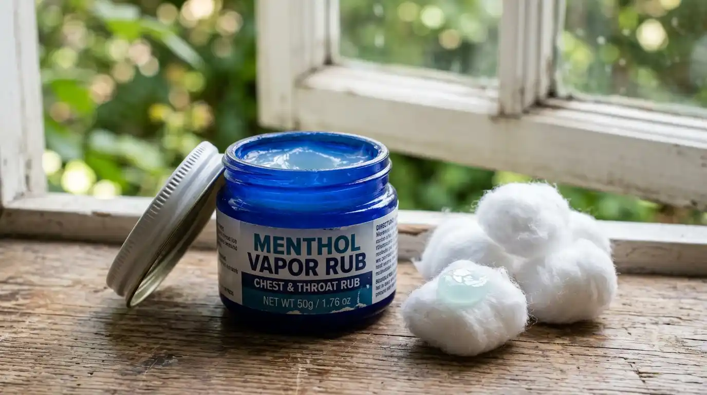 An open jar of menthol chest rub next to cotton balls on a vintage window sill.