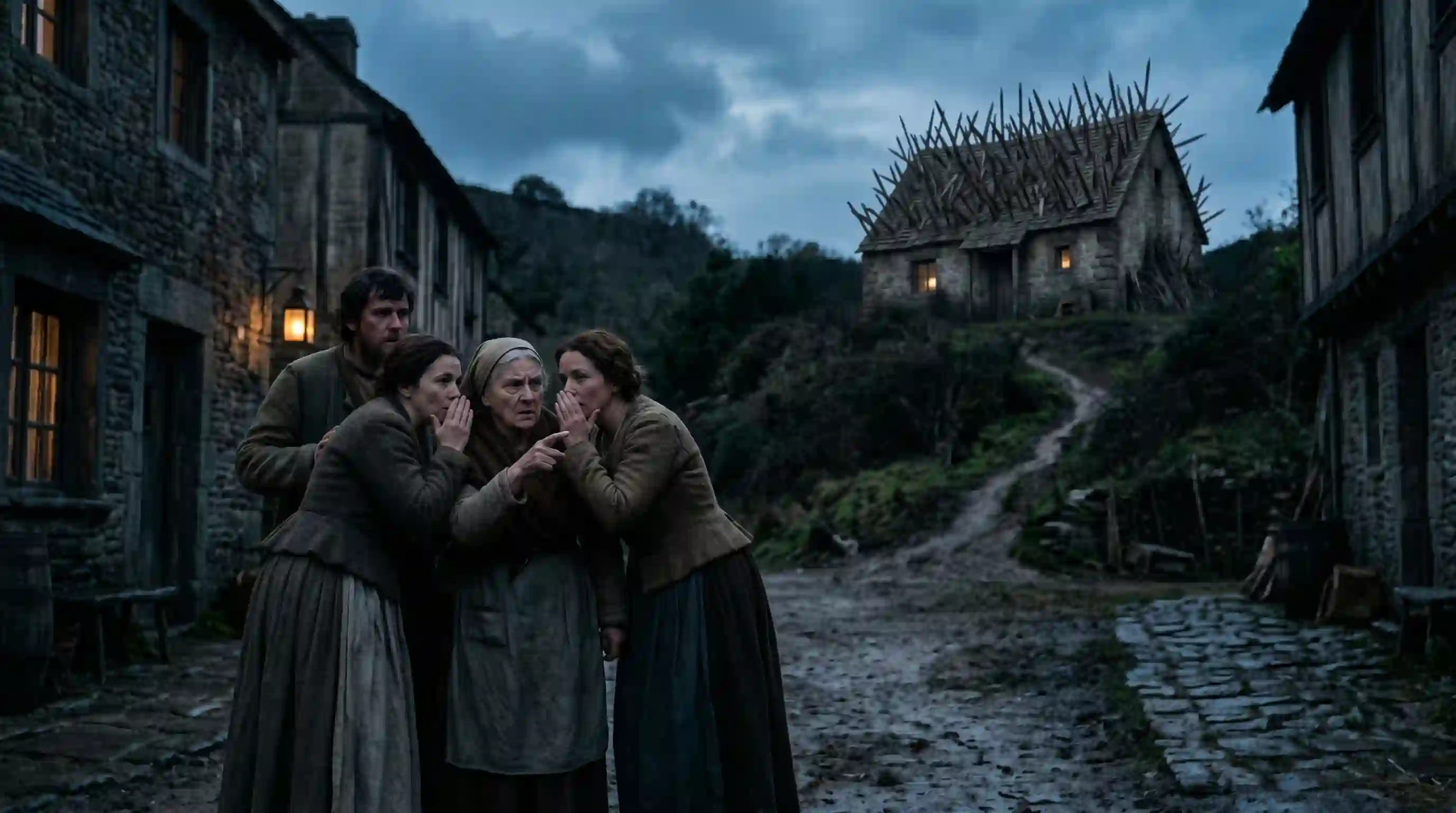 A group of villagers standing in the street, whispering and judging the strangely staked house in the background