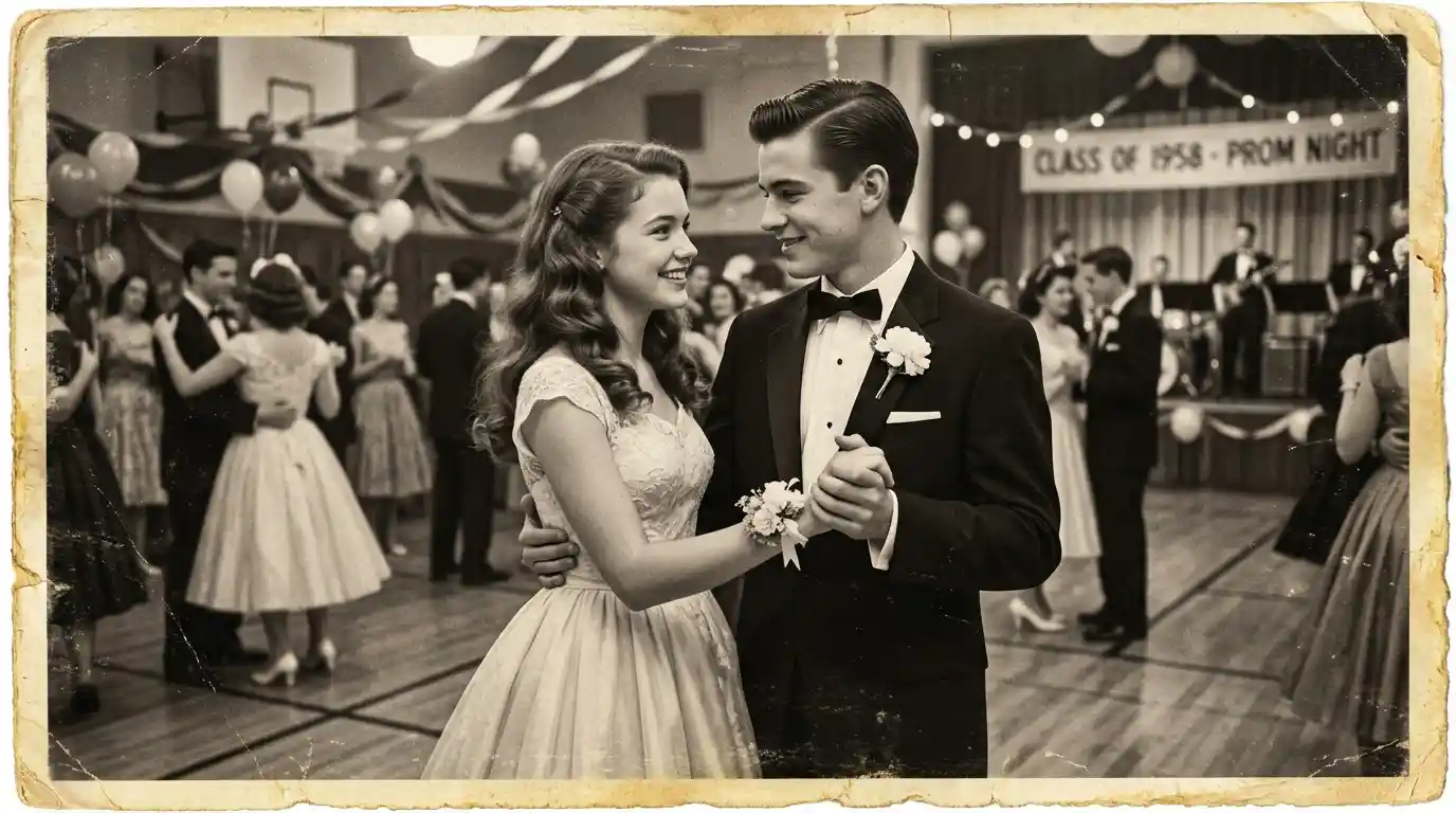 A vintage black-and-white photo of a teenage boy and girl at a 1950s high school dance.