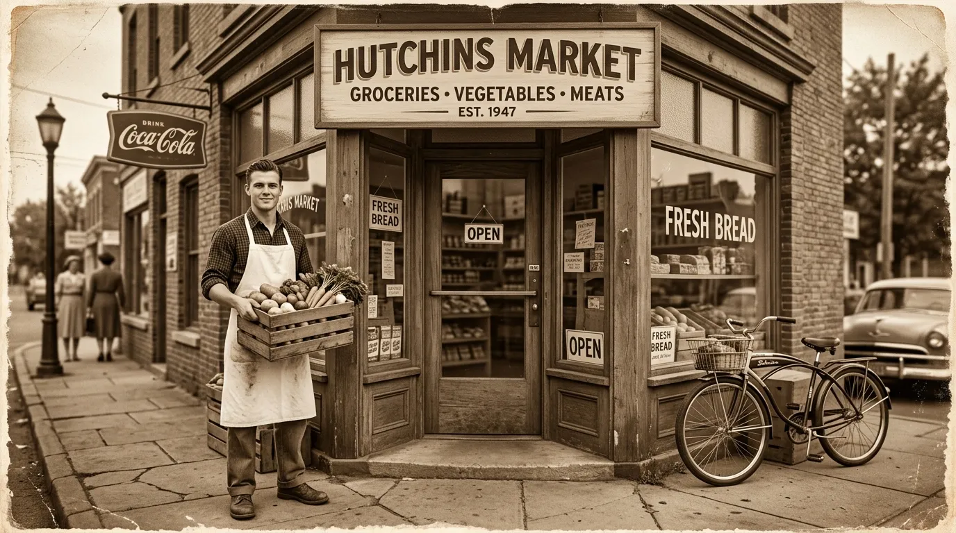 A vintage 1950s corner grocery shop with a young man out front