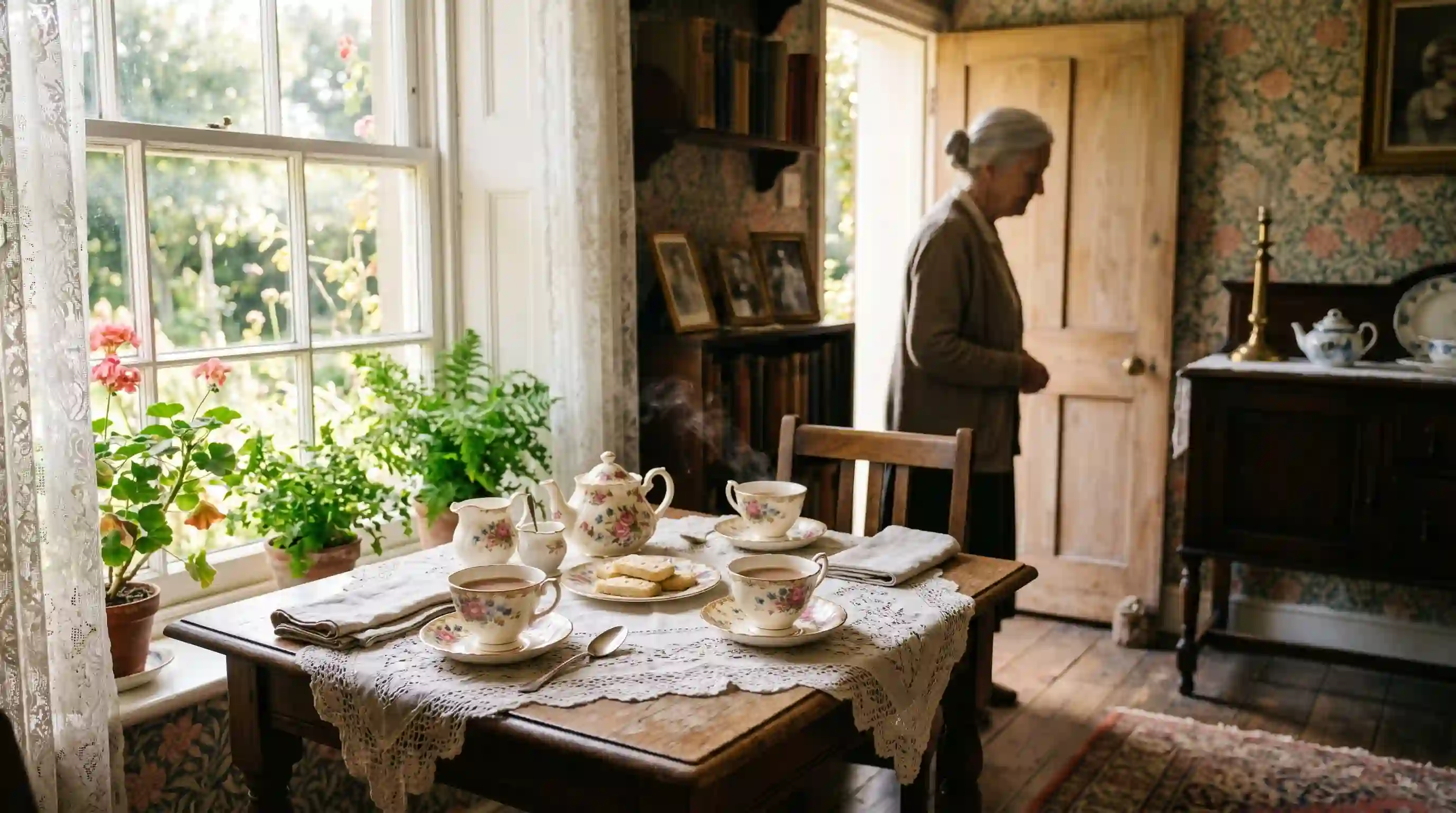 A cozy sunlit dining table set with two teacups