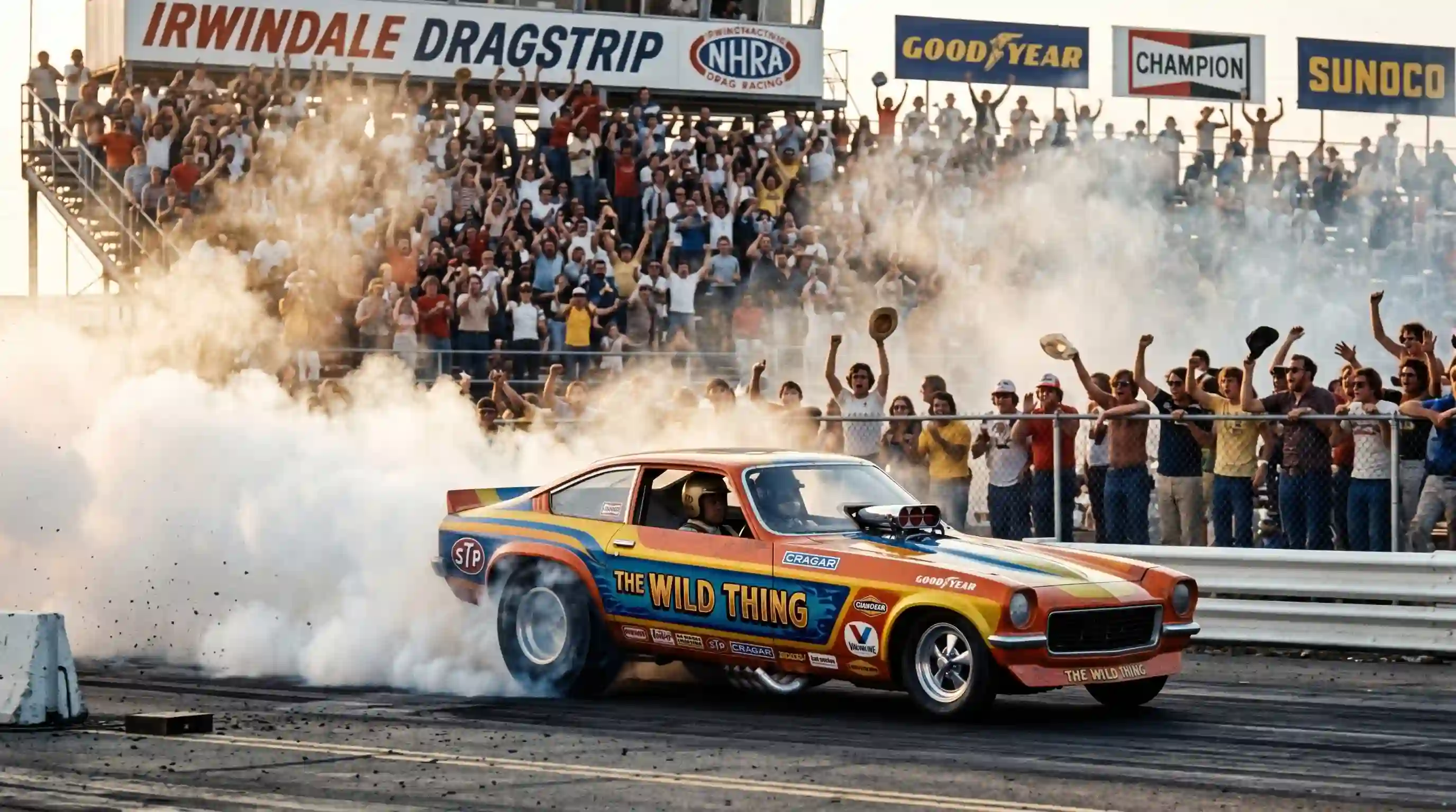 A brightly colored Funny Car doing a massive, smoky burnout on a 1970s drag strip