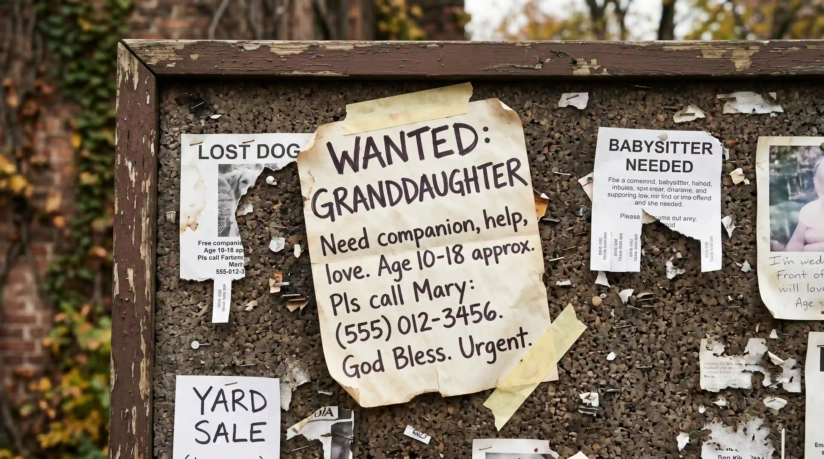 A weathered flyer on a bulletin board reading Wanted: Granddaughter for Sundays