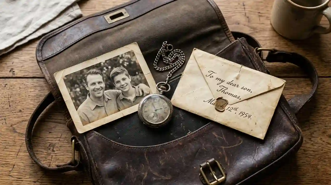 An open vintage leather satchel containing an old photograph, a silver pocket watch, and a sealed letter.
