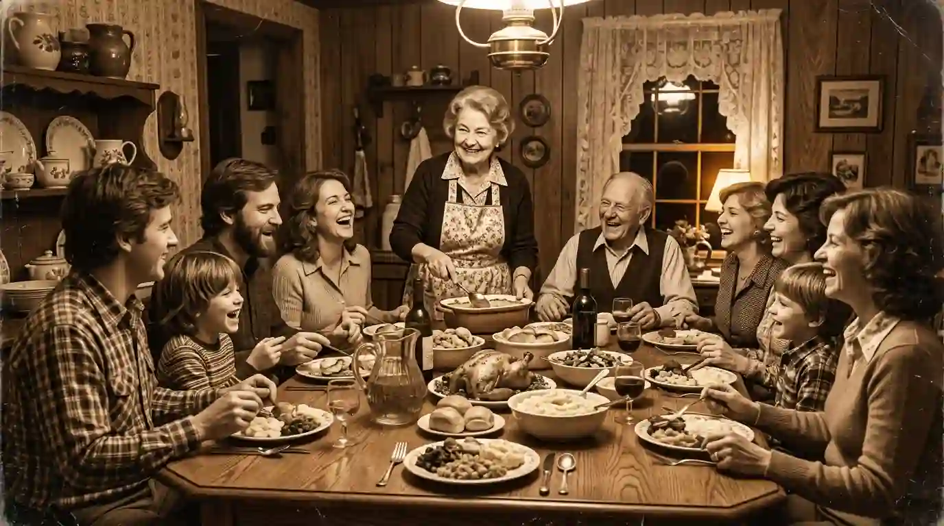A warm, sepia-toned memory of a grandmother smiling at a large family Sunday dinner.