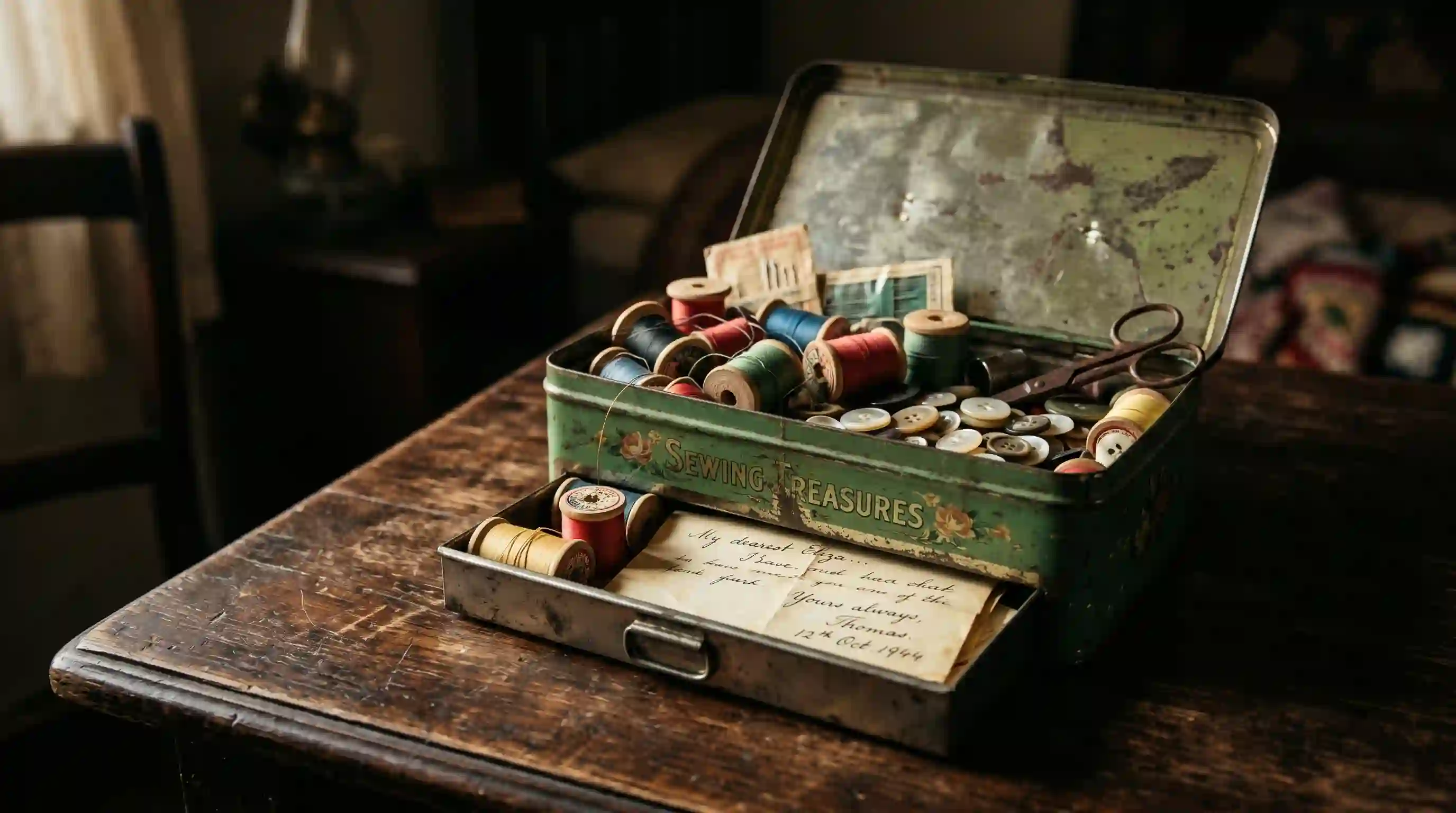 A battered vintage tin sewing box with a hidden compartment