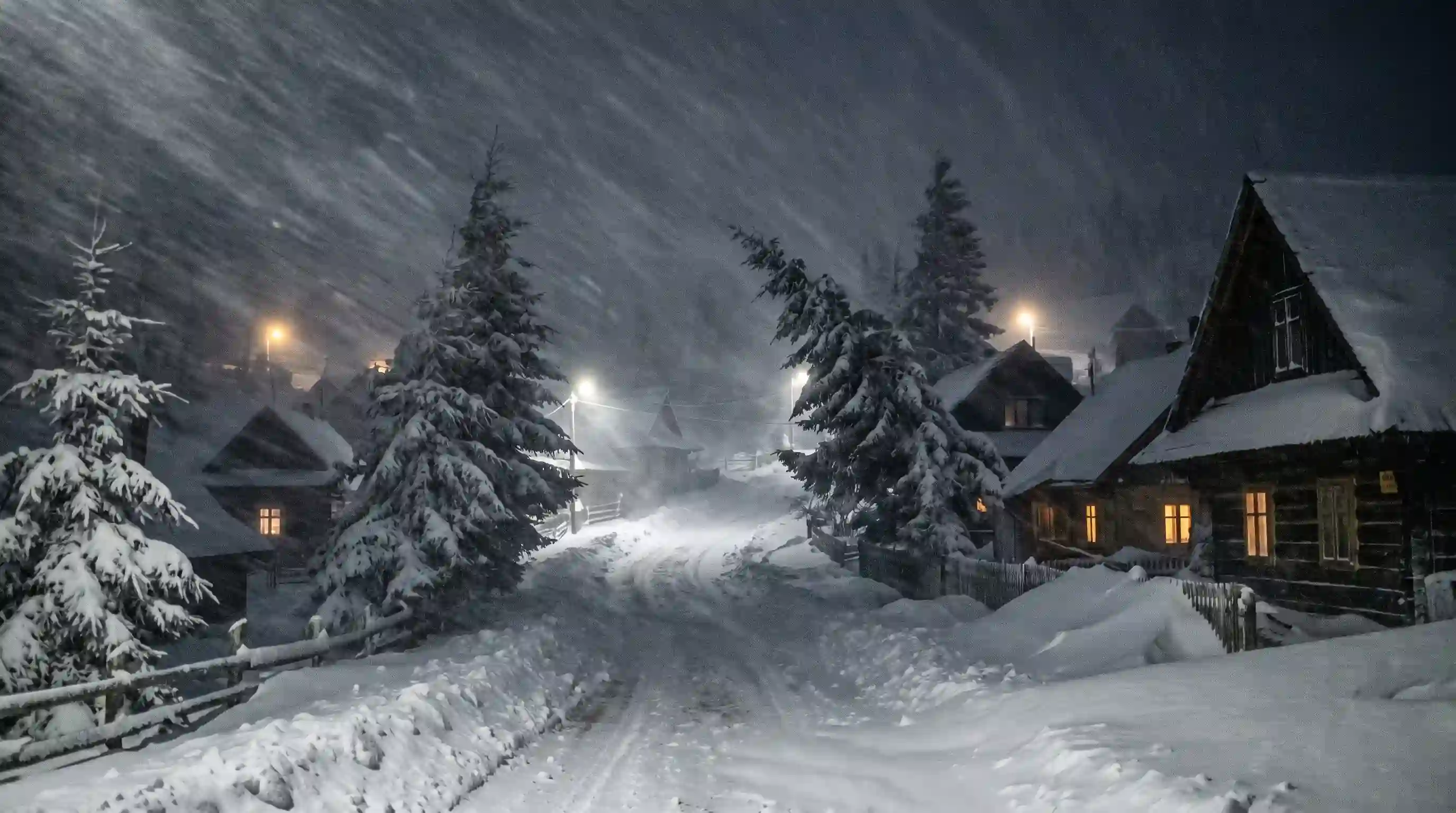 A terrifying winter blizzard ravaging a small village at night with high winds and heavy snow