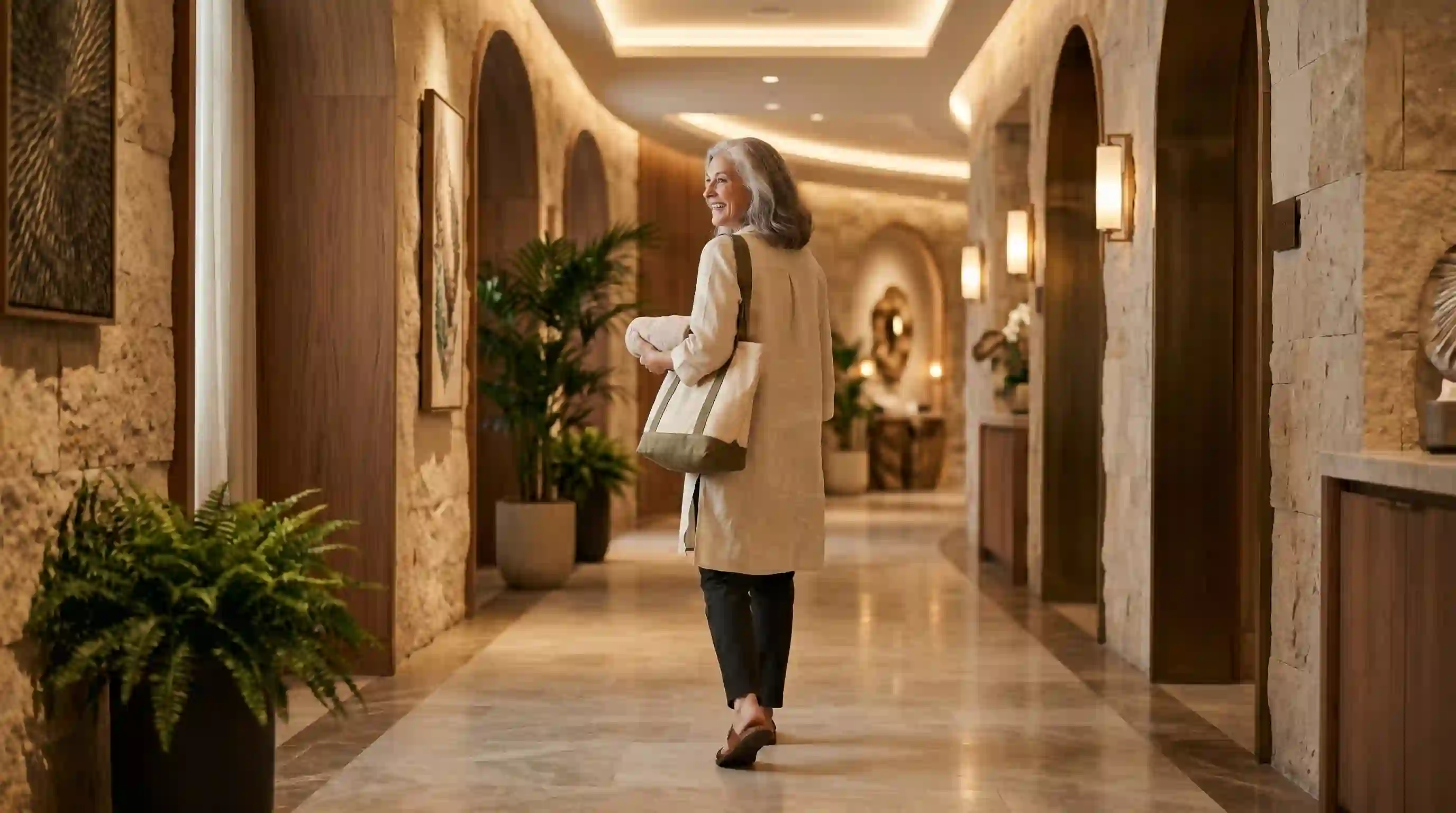 Older woman laughing and walking away freely