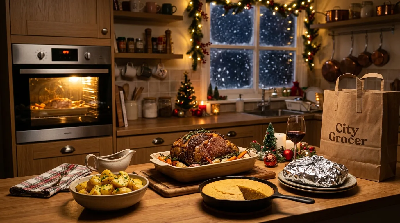 A warm kitchen counter showing roasted meat, potatoes, and a foil-wrapped plate ready to be delivered.