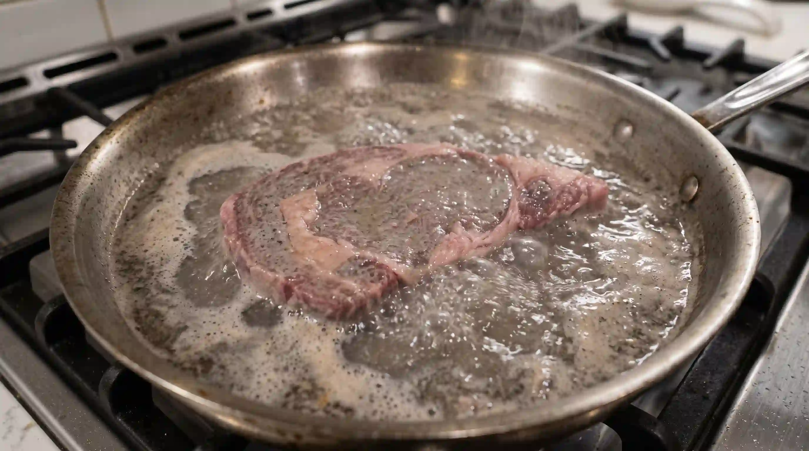 Raw meat in a frying pan releasing an unusual amount of murky water instead of searing.
