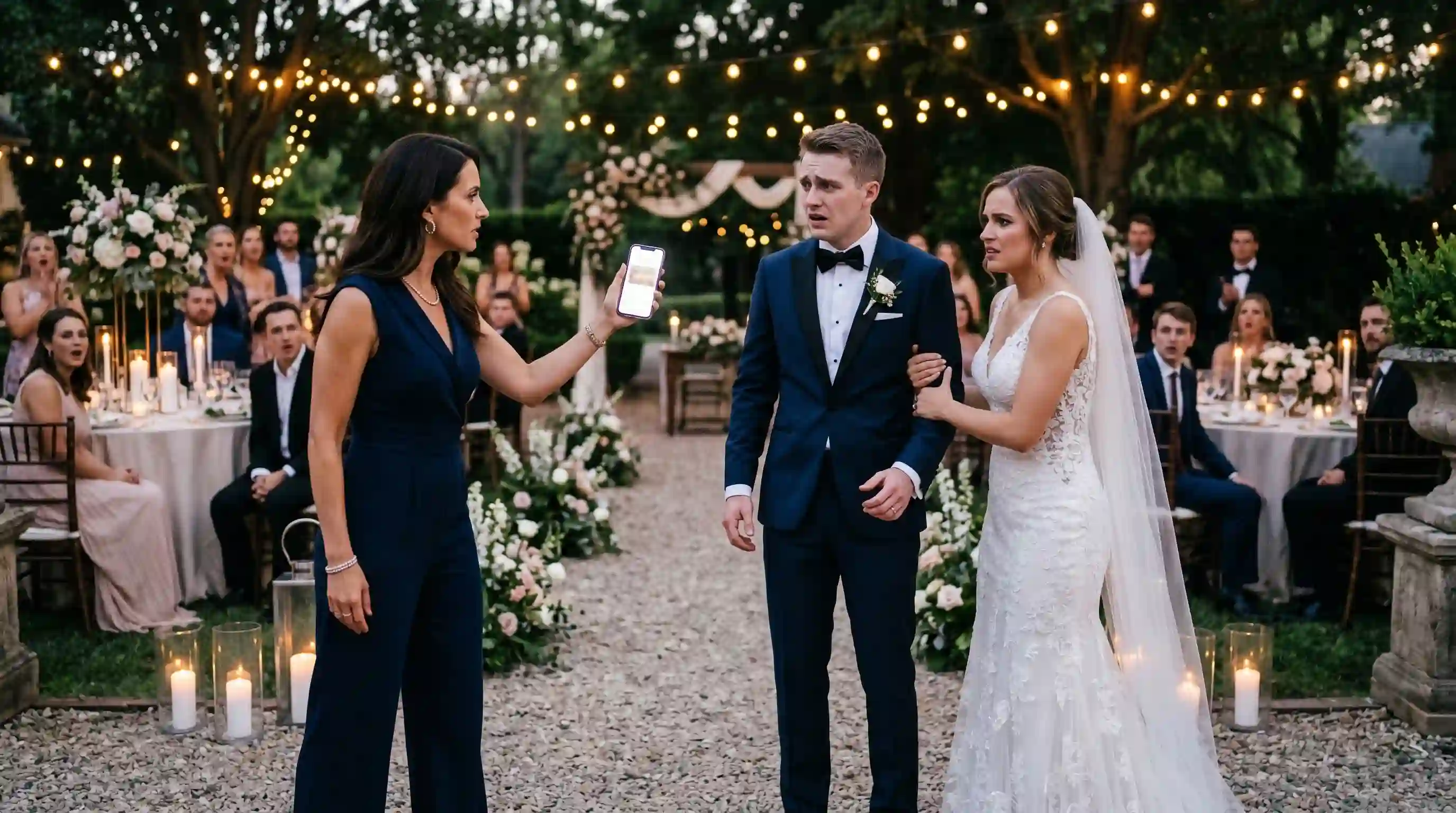 Illustration of a tense confrontation at an upscale outdoor wedding