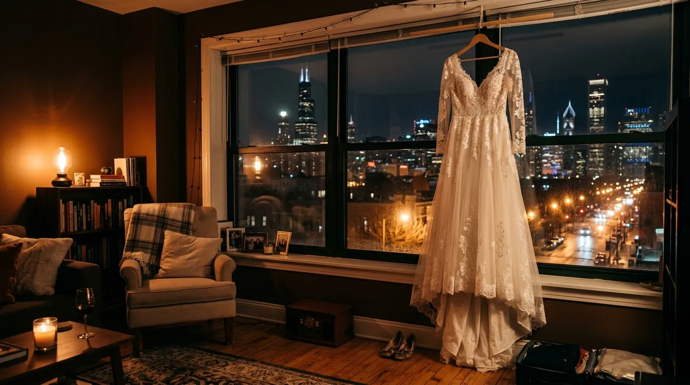 A classic white wedding dress hanging by a window in a dimly lit studio apartment.