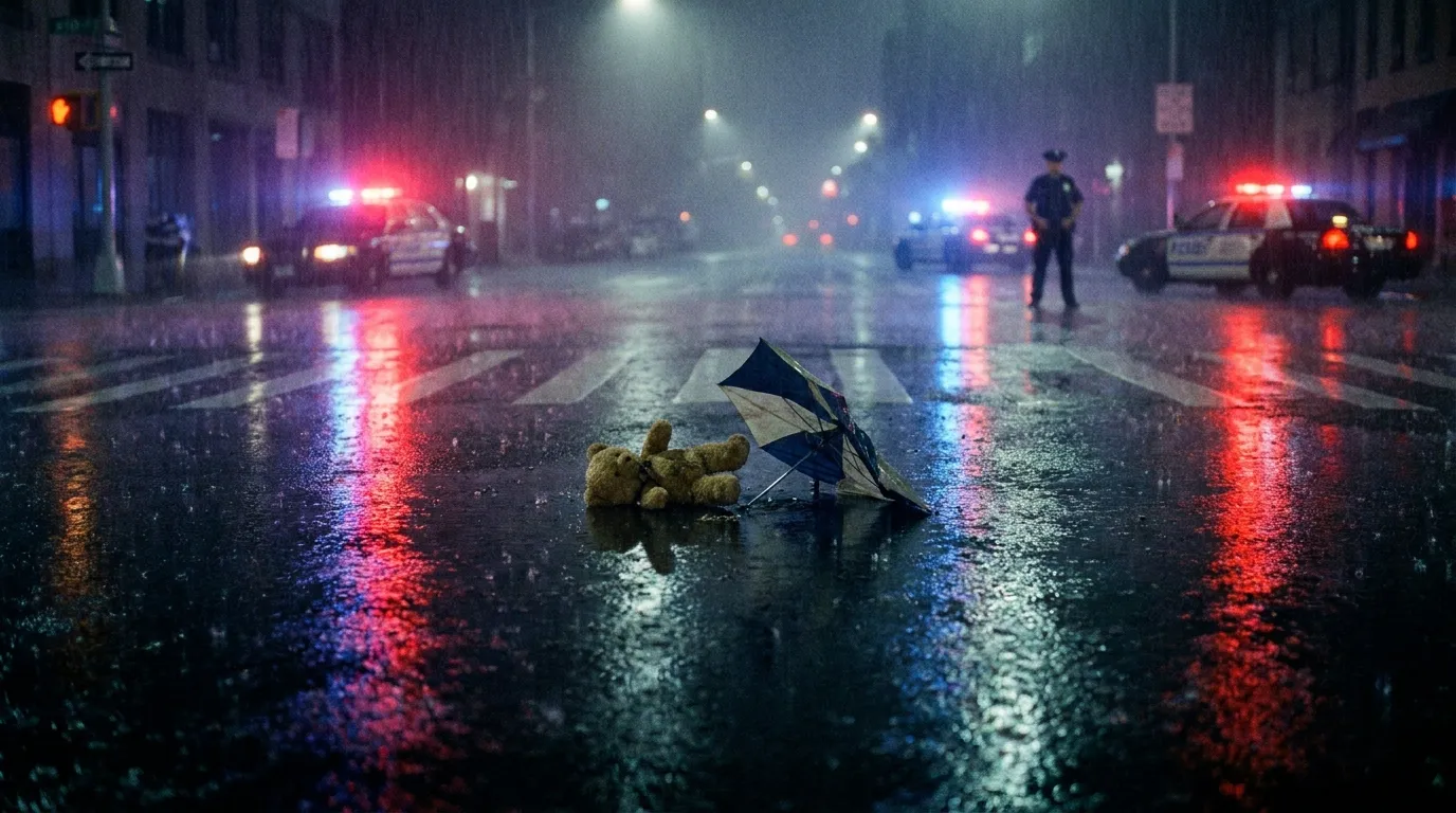 Police lights reflecting on wet asphalt at night