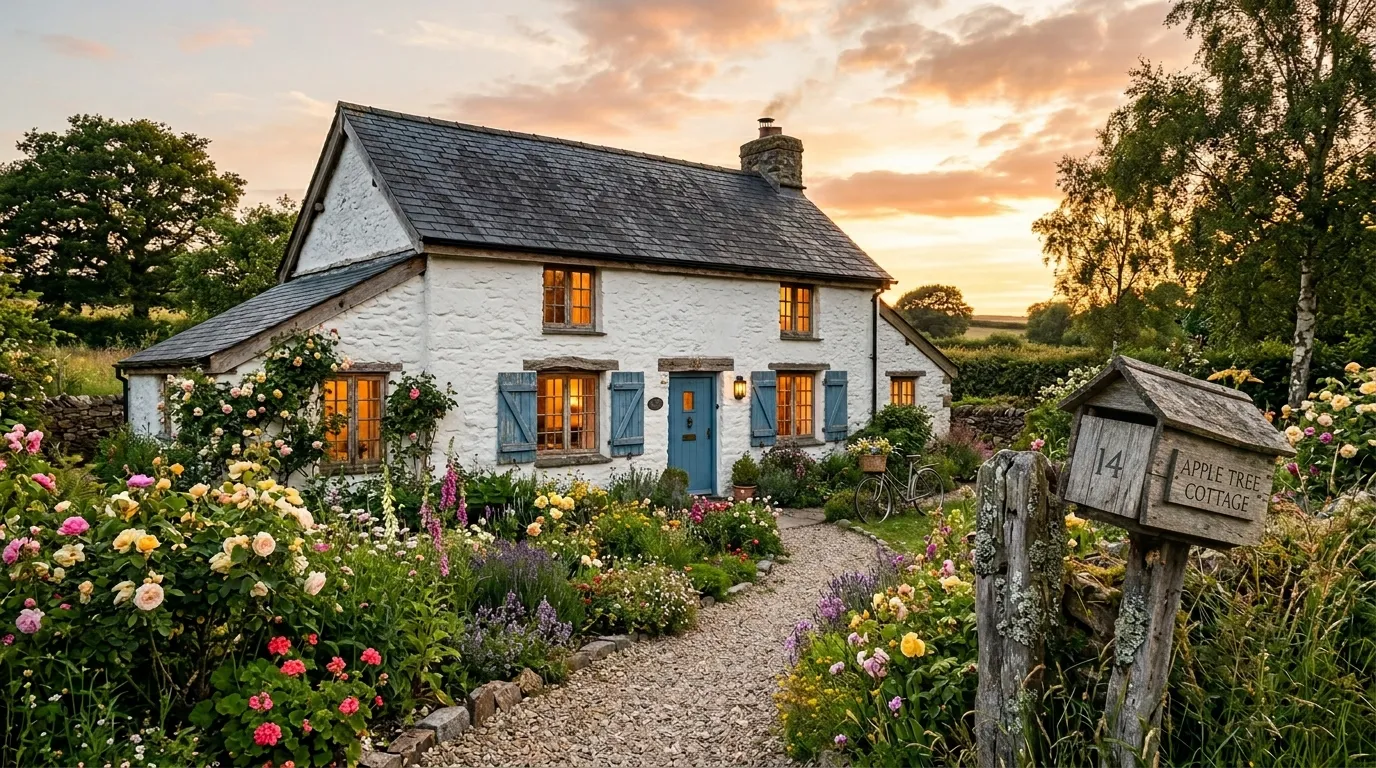 A charming white cottage with blue shutters glowing warmly at sunset